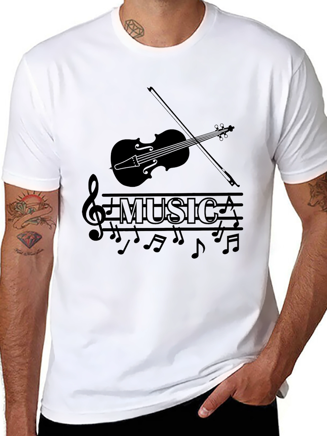 Music Lovers Black T-Shirt - Violin & Notes Design