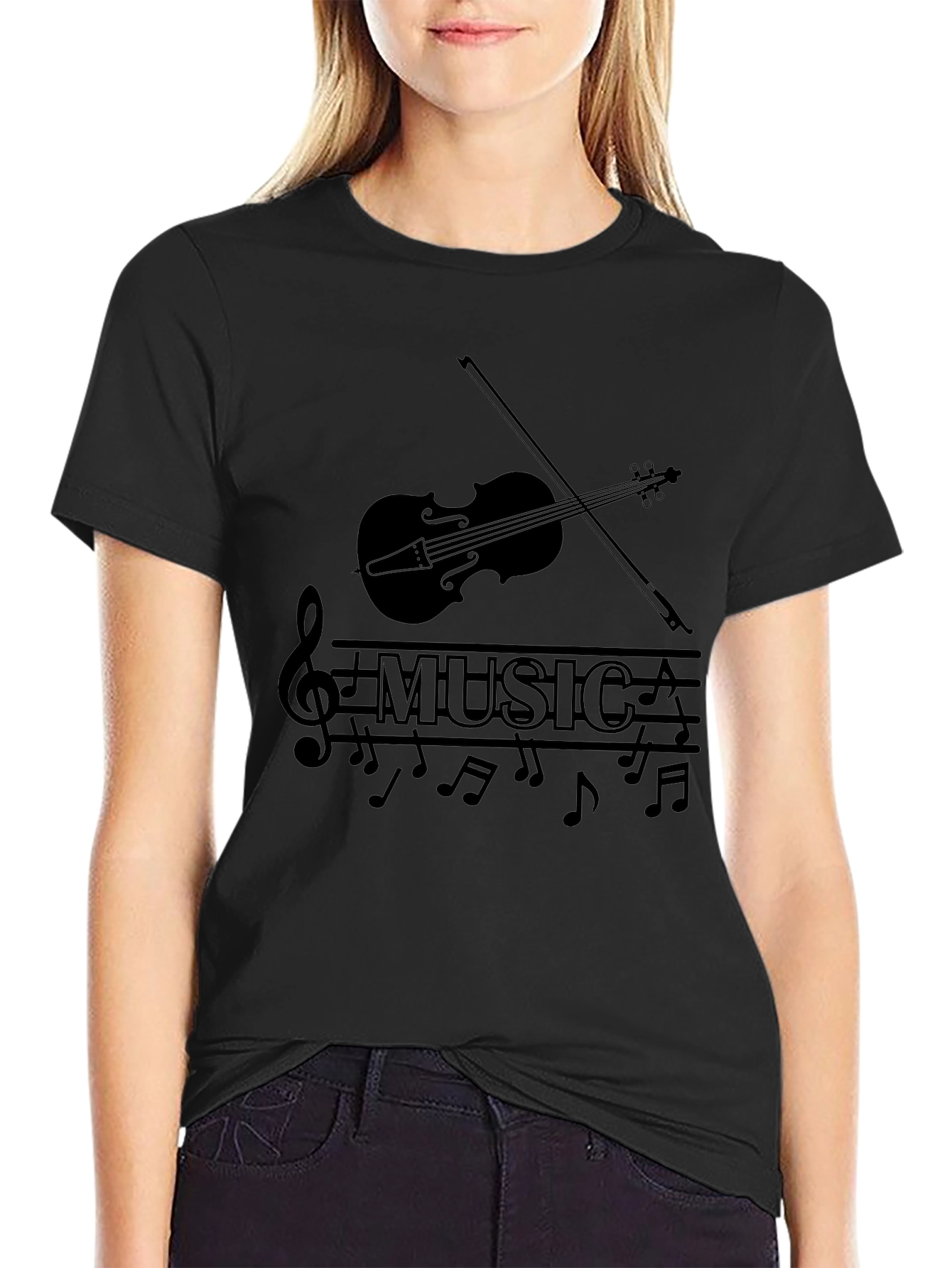Music Lovers Black T-Shirt - Violin & Notes Design