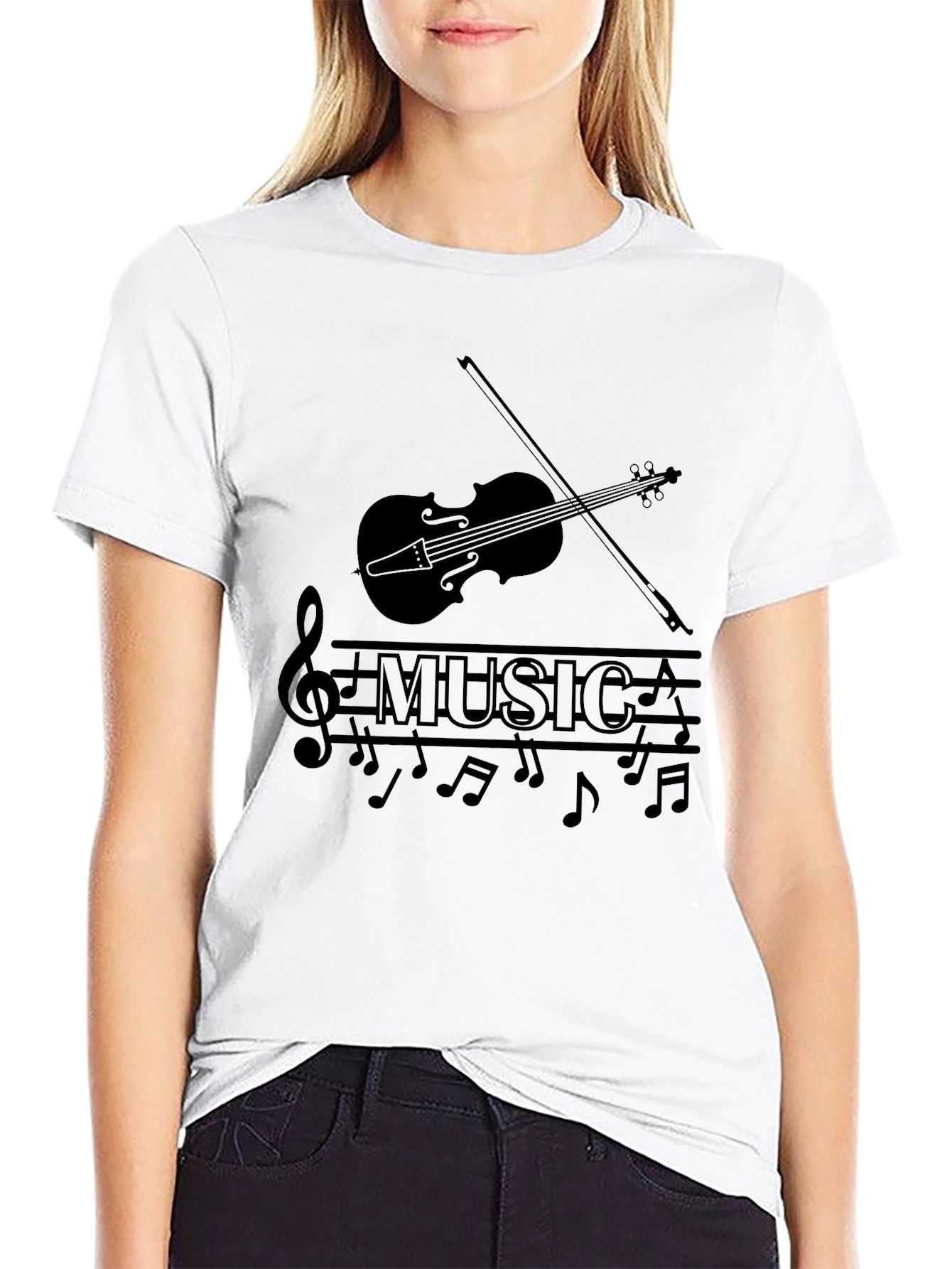 Music Lovers Black T-Shirt - Violin & Notes Design
