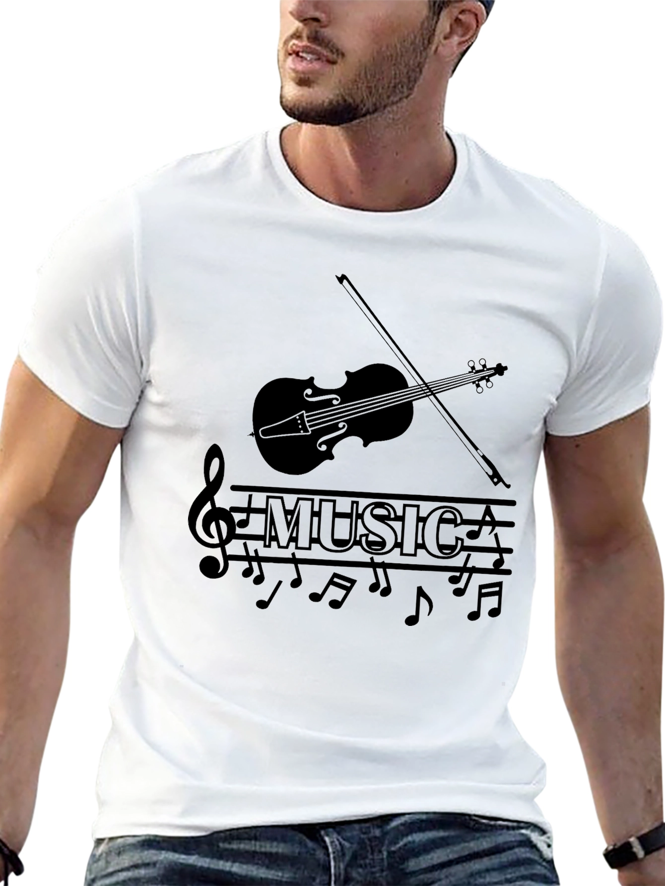 Music Lovers Black T-Shirt - Violin & Notes Design