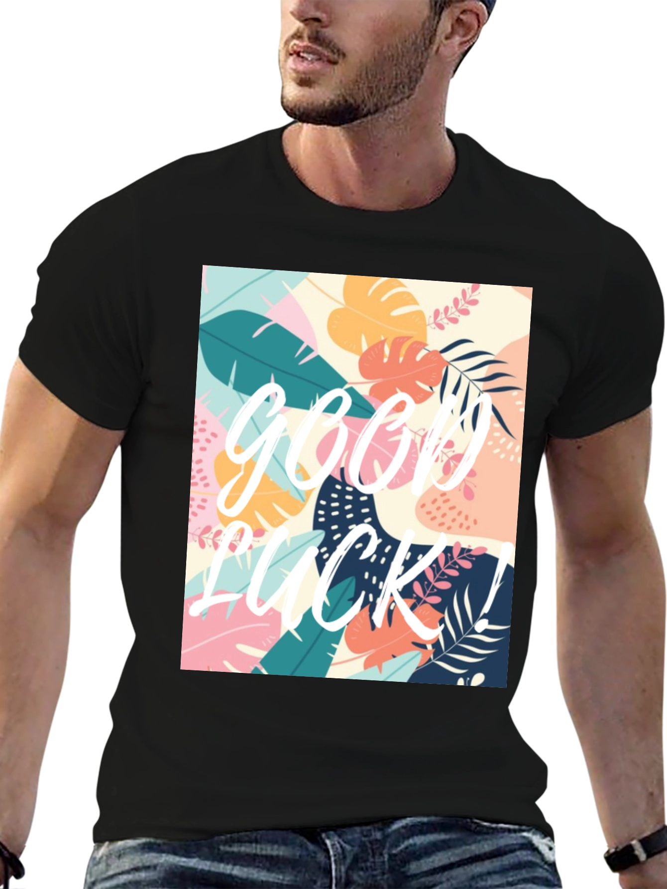 Good Luck Tropical Graphic Tee - Black Casual T-Shirt