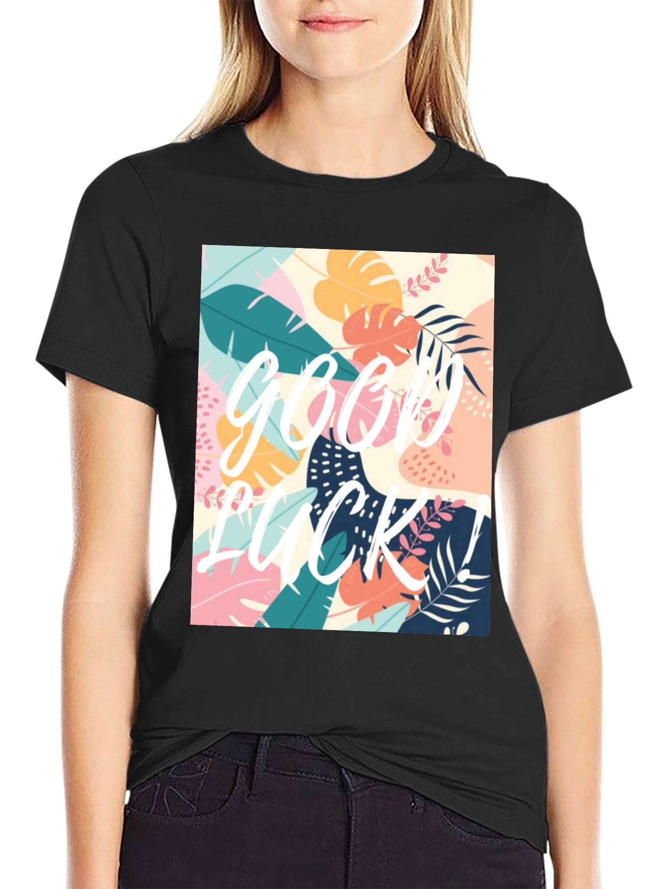 Good Luck Tropical Graphic Tee - Black Casual T-Shirt