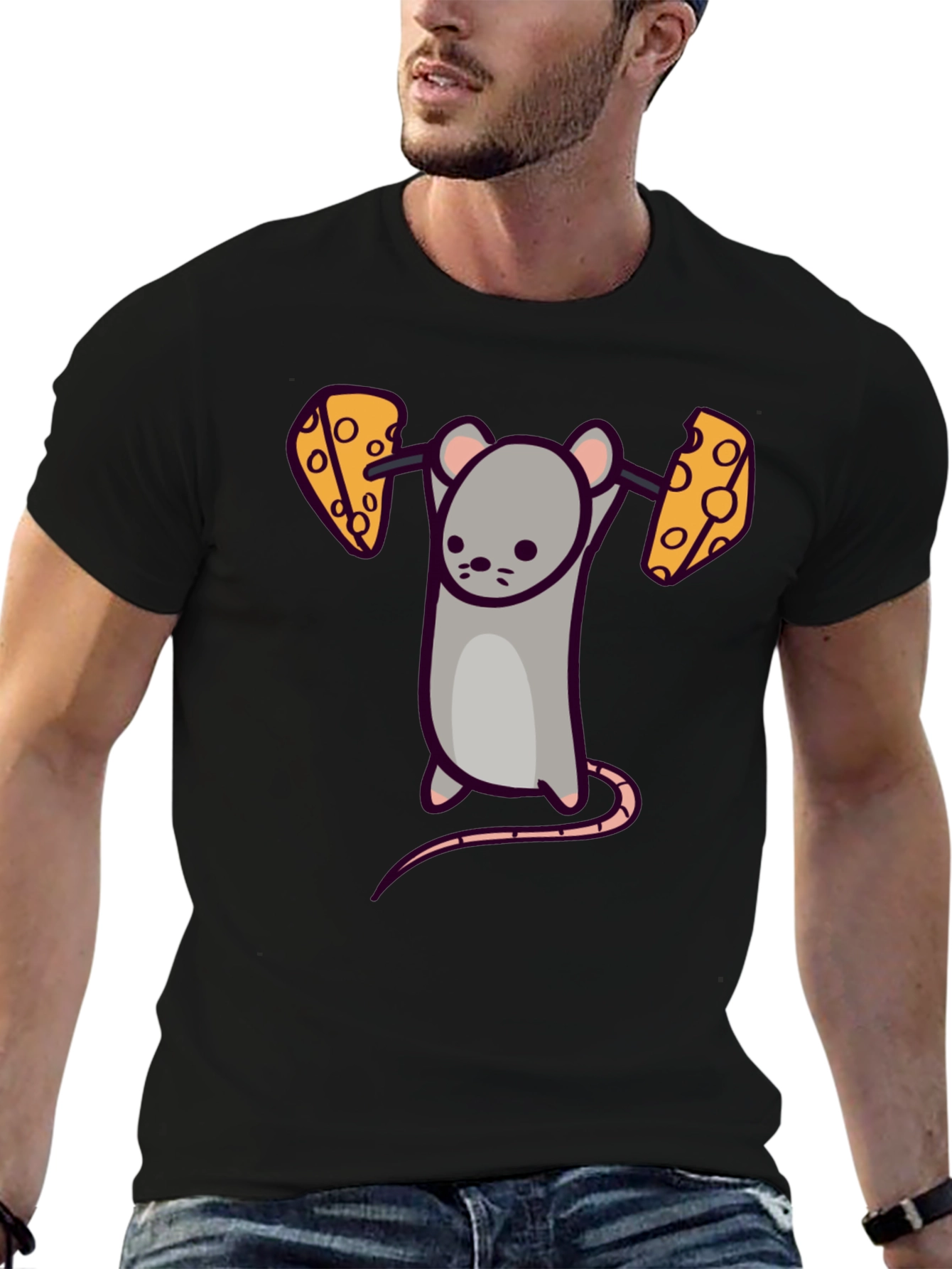 Funny Mouse Lifting Cheese Barbell T-Shirt