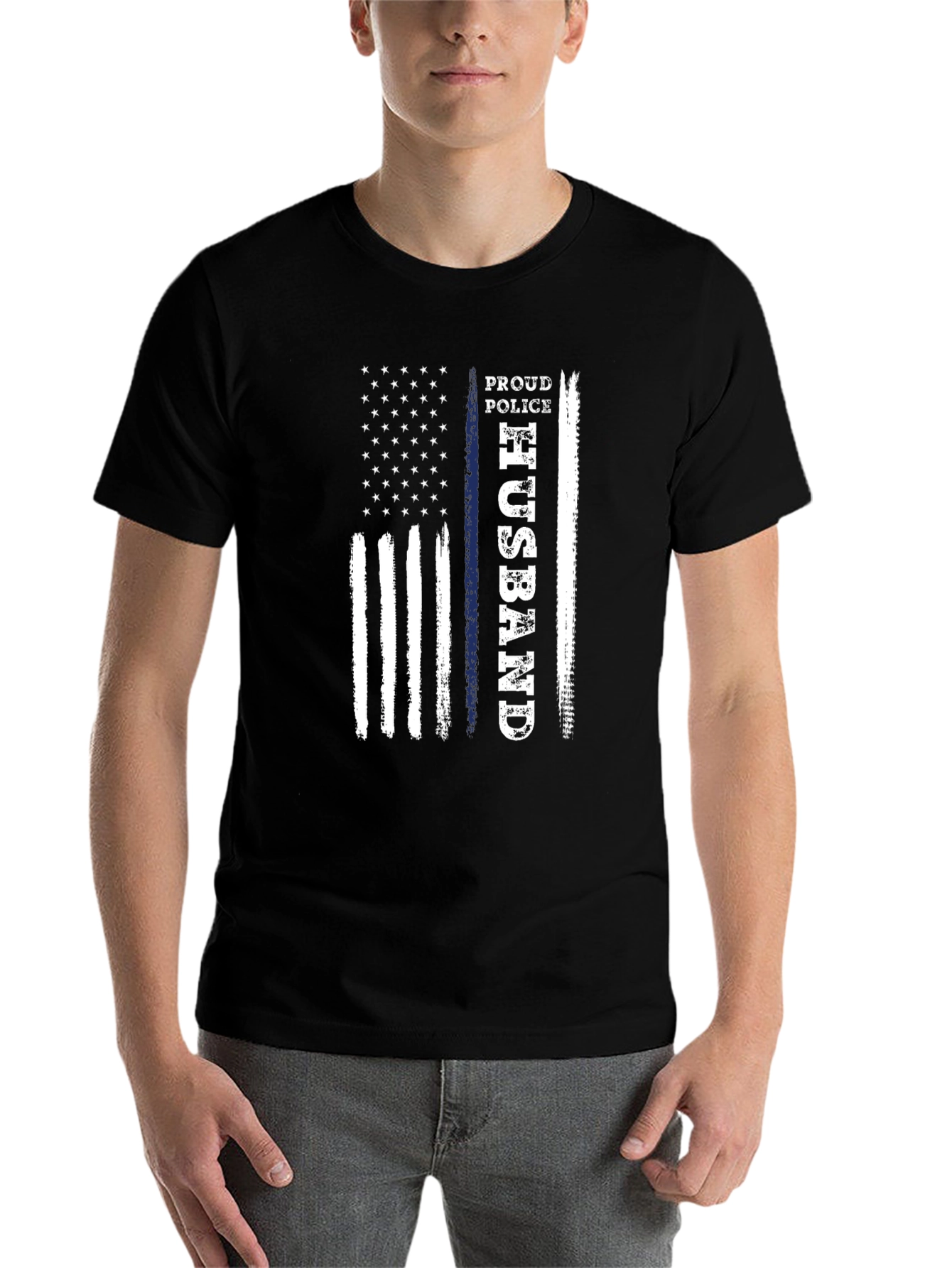 Proud Police Husband American Flag Graphic T-Shirt
