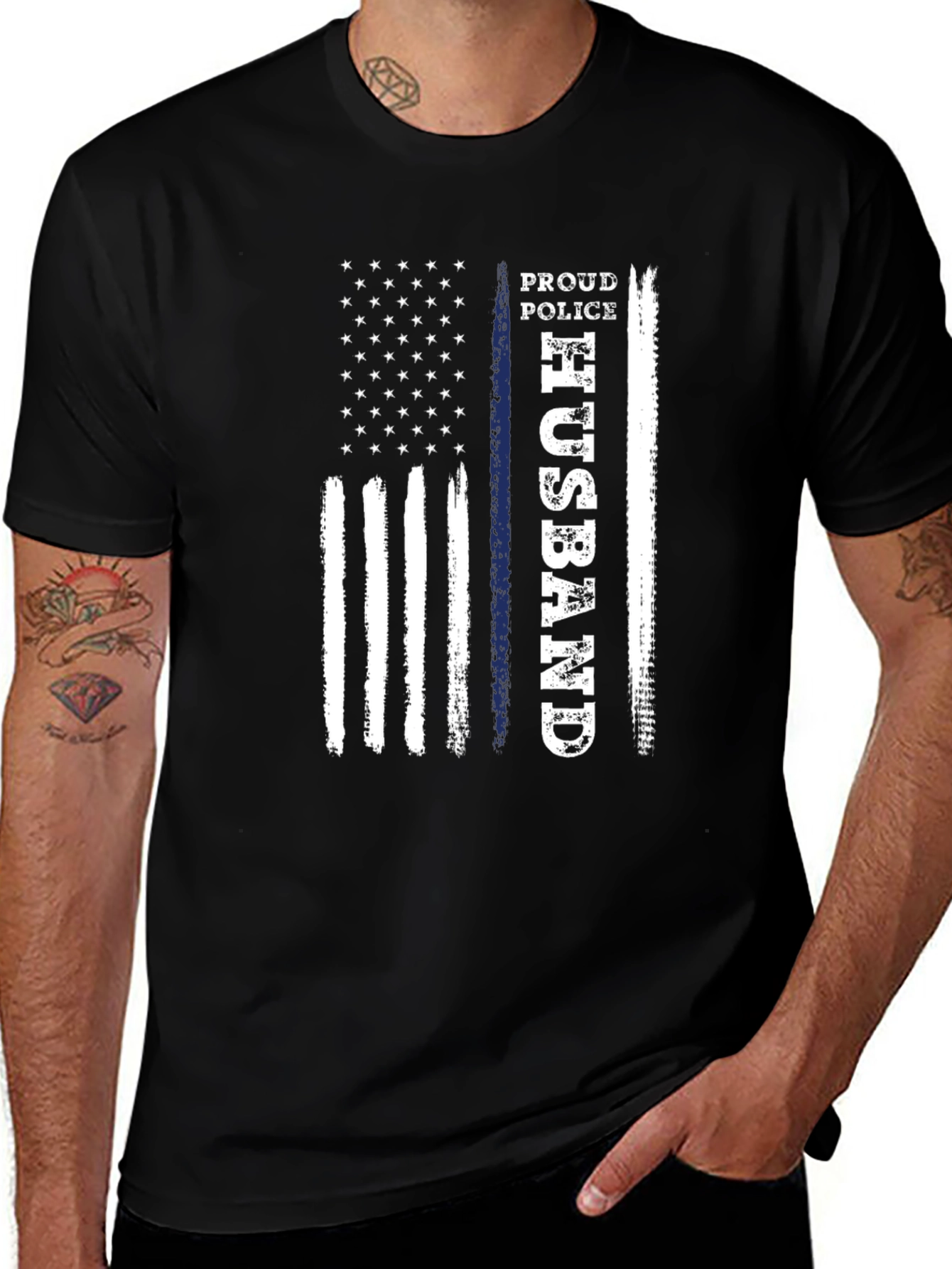 Proud Police Husband American Flag Graphic T-Shirt