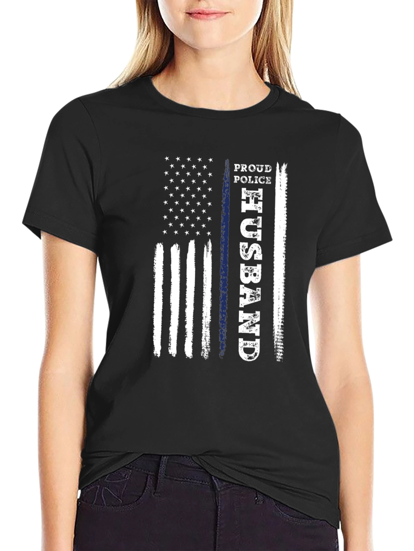 Proud Police Husband American Flag Graphic T-Shirt