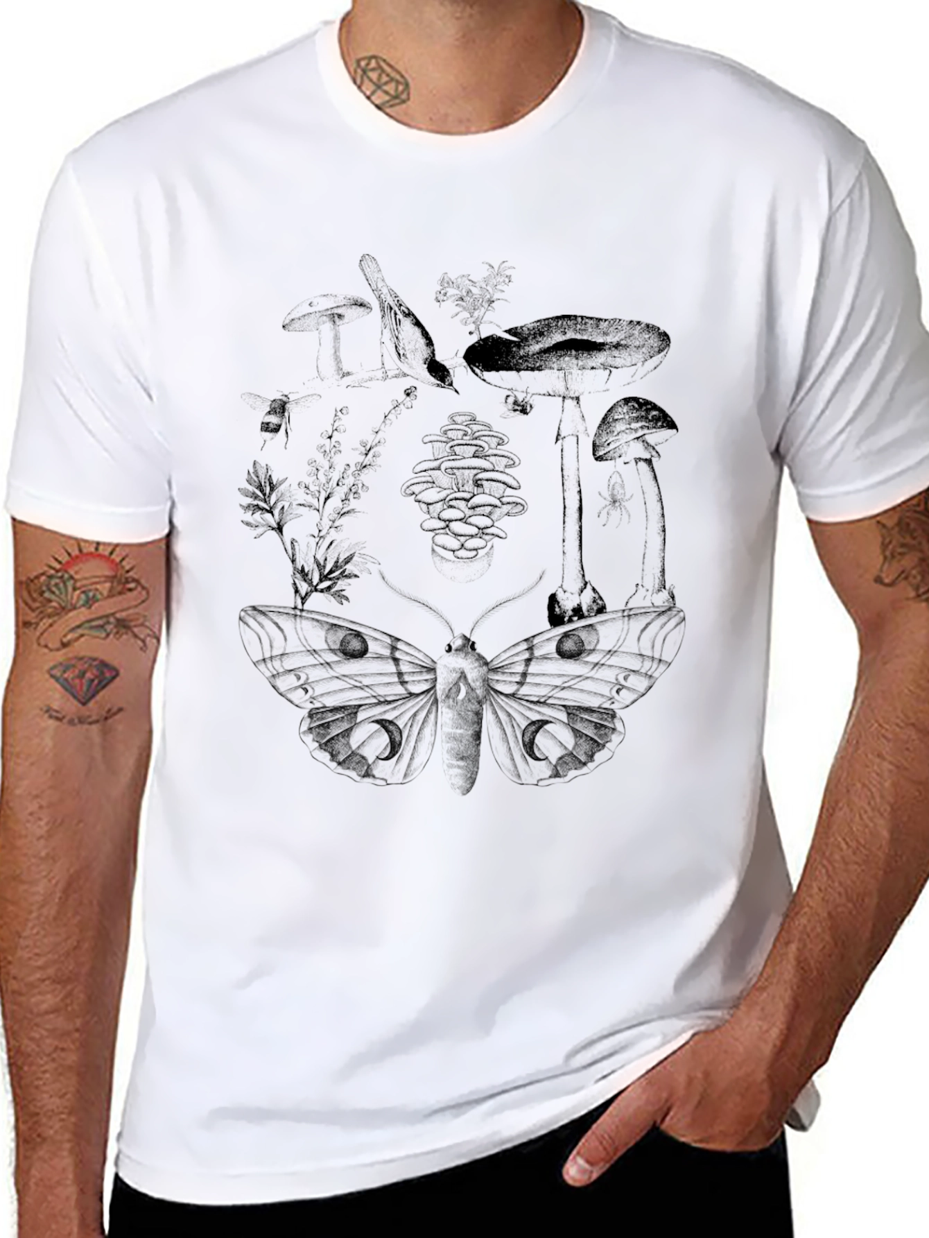 Botanical Moth Print Black T-Shirt