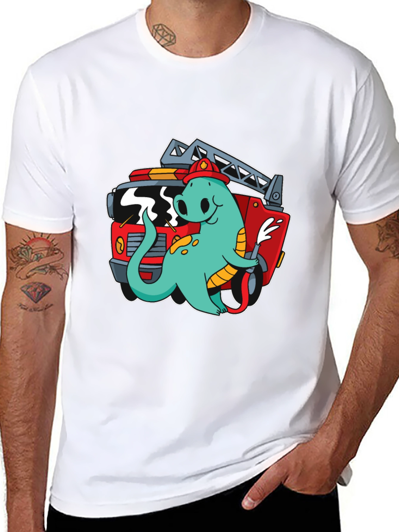 Firefighter Dino T-Shirt - Quirky Cartoon Design