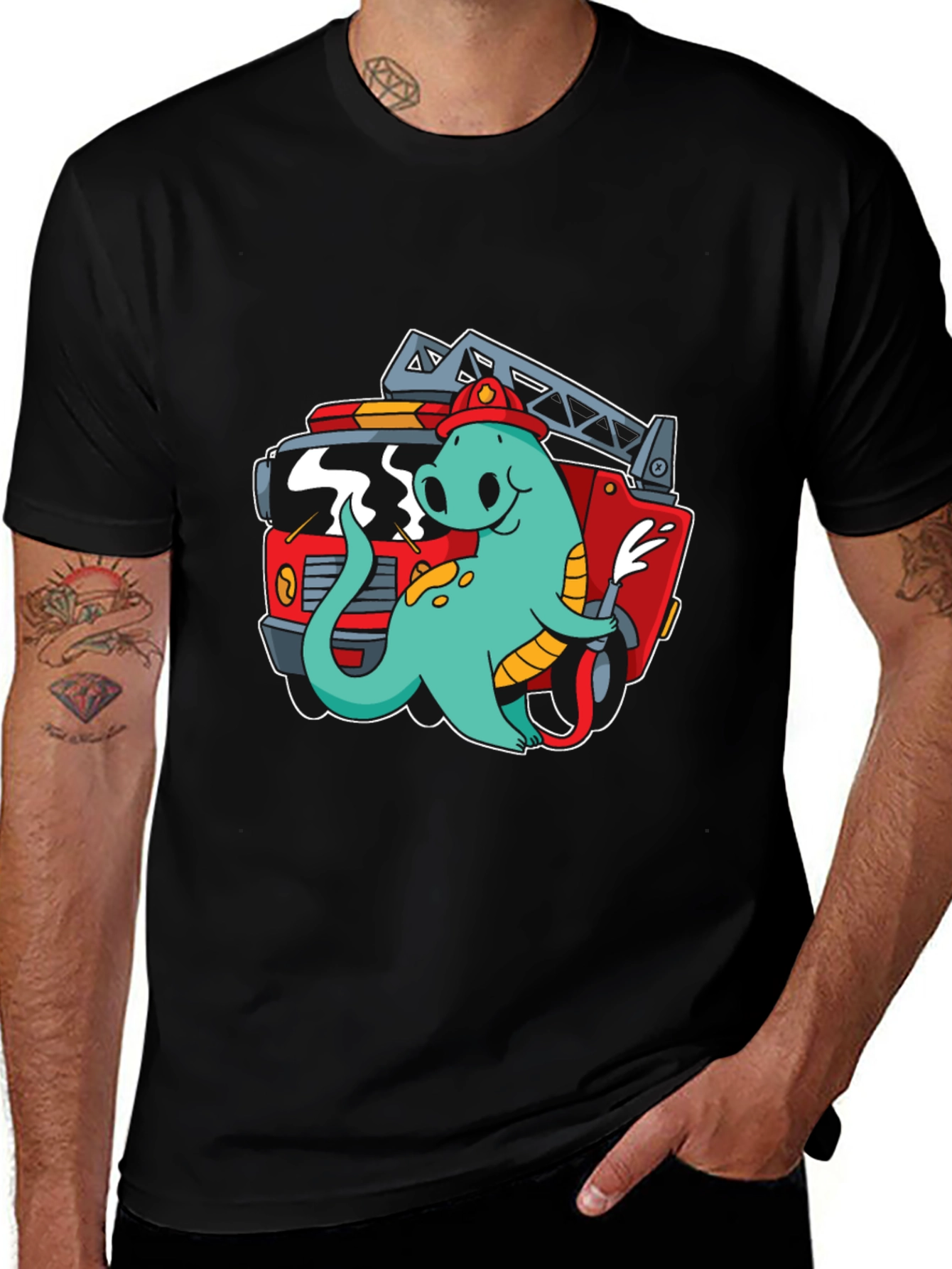 Firefighter Dino T-Shirt - Quirky Cartoon Design