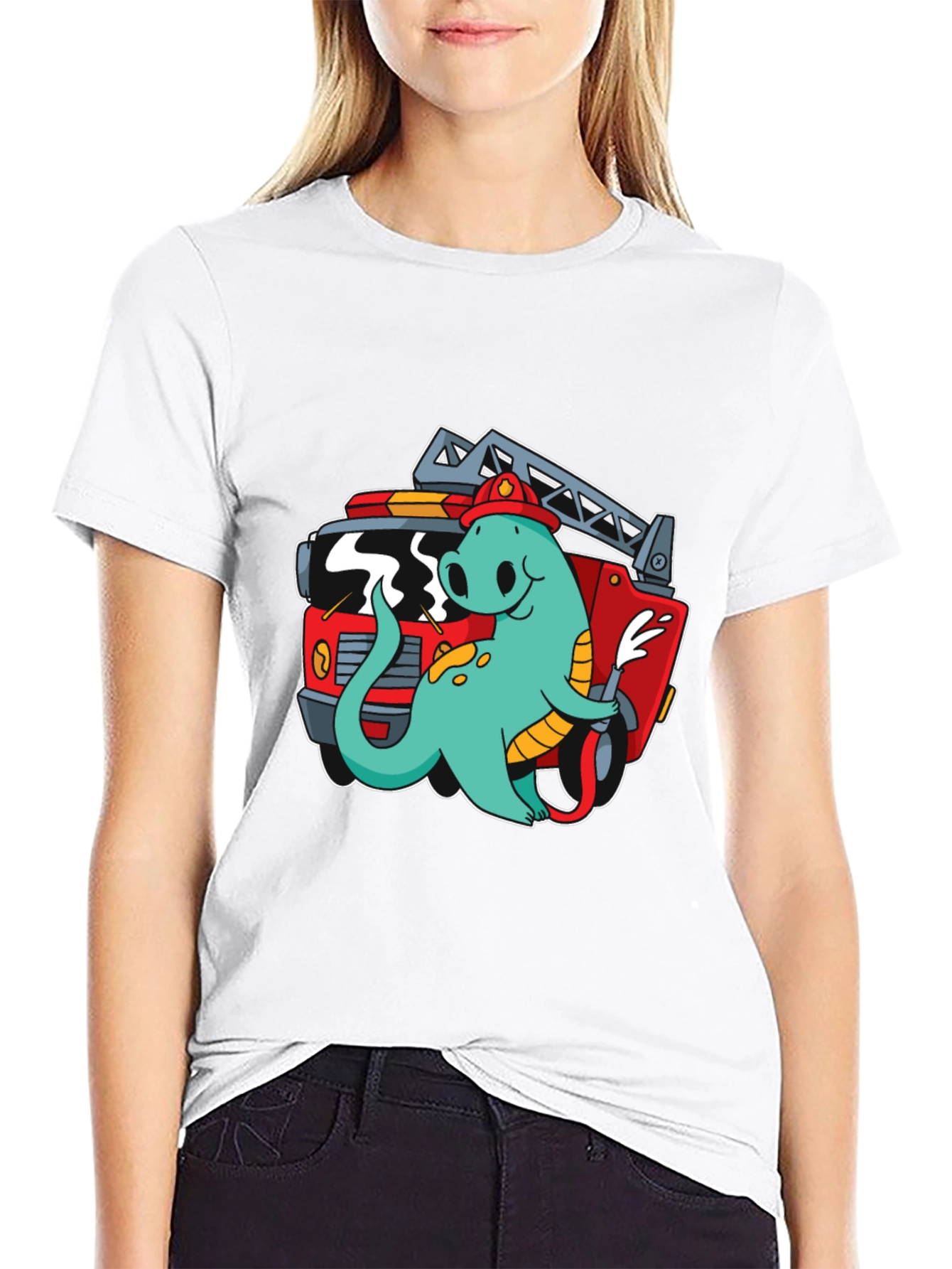 Firefighter Dino T-Shirt - Quirky Cartoon Design