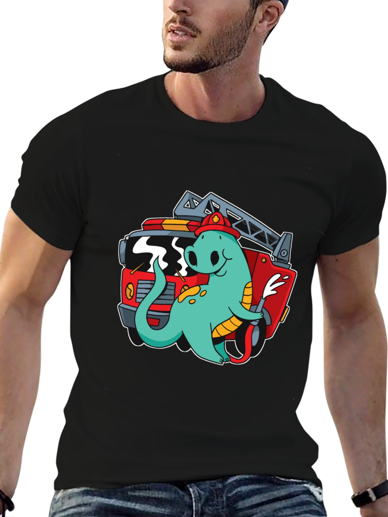 Firefighter Dino T-Shirt - Quirky Cartoon Design