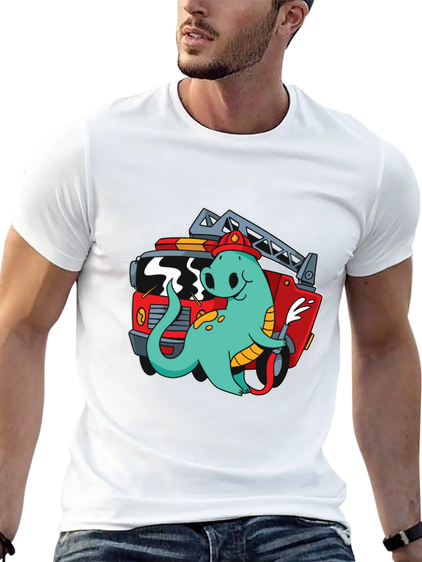 Firefighter Dino T-Shirt - Quirky Cartoon Design