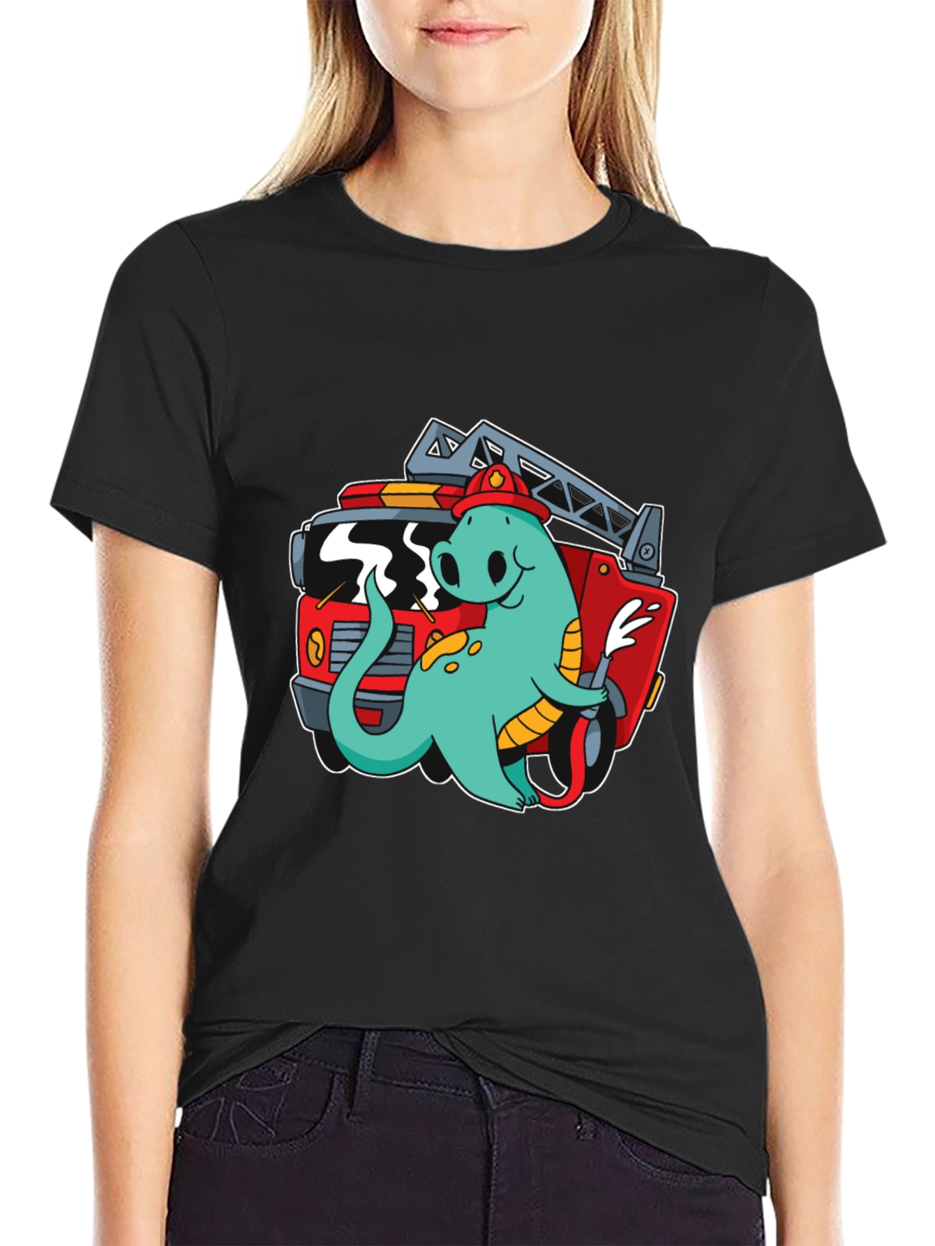 Firefighter Dino T-Shirt - Quirky Cartoon Design