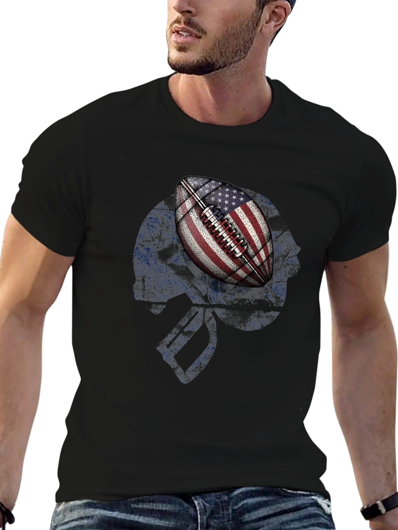 American Flag Football Skull Graphic T-Shirt