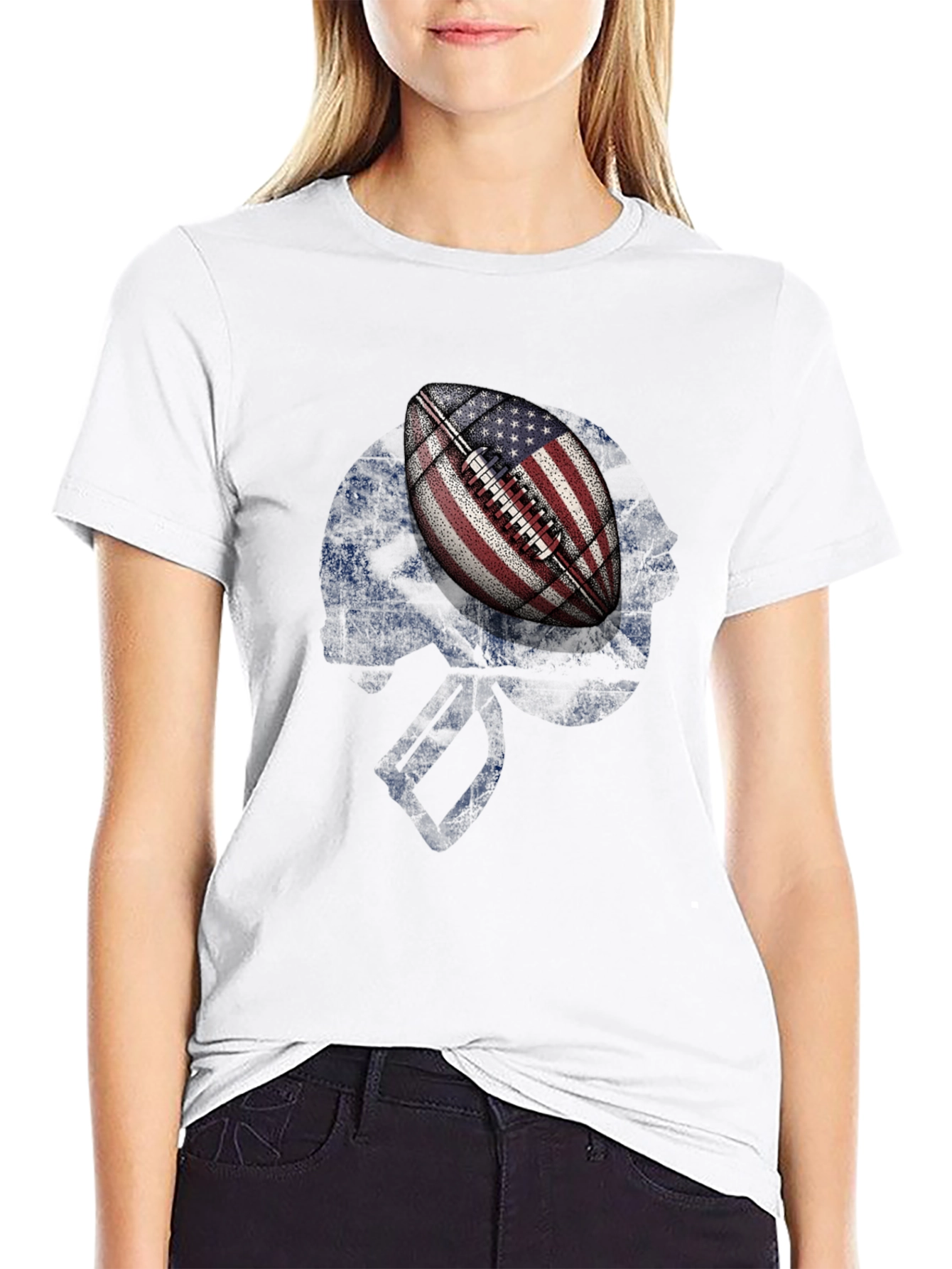 American Flag Football Skull Graphic T-Shirt