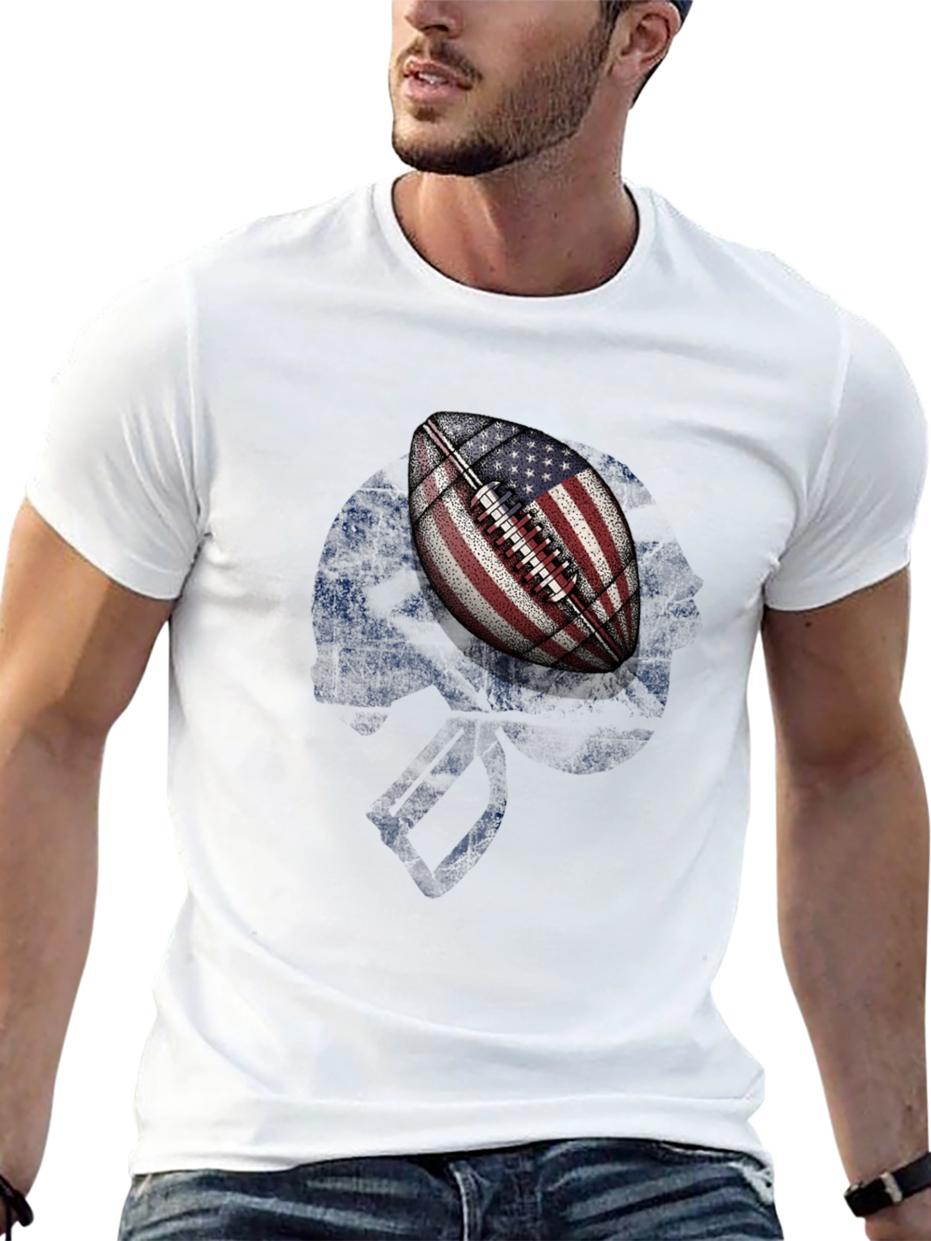 American Flag Football Skull Graphic T-Shirt