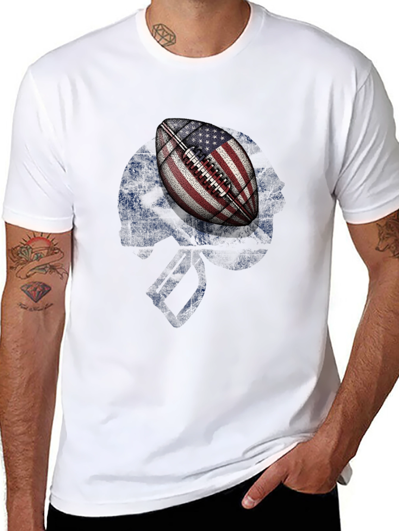 American Flag Football Skull Graphic T-Shirt