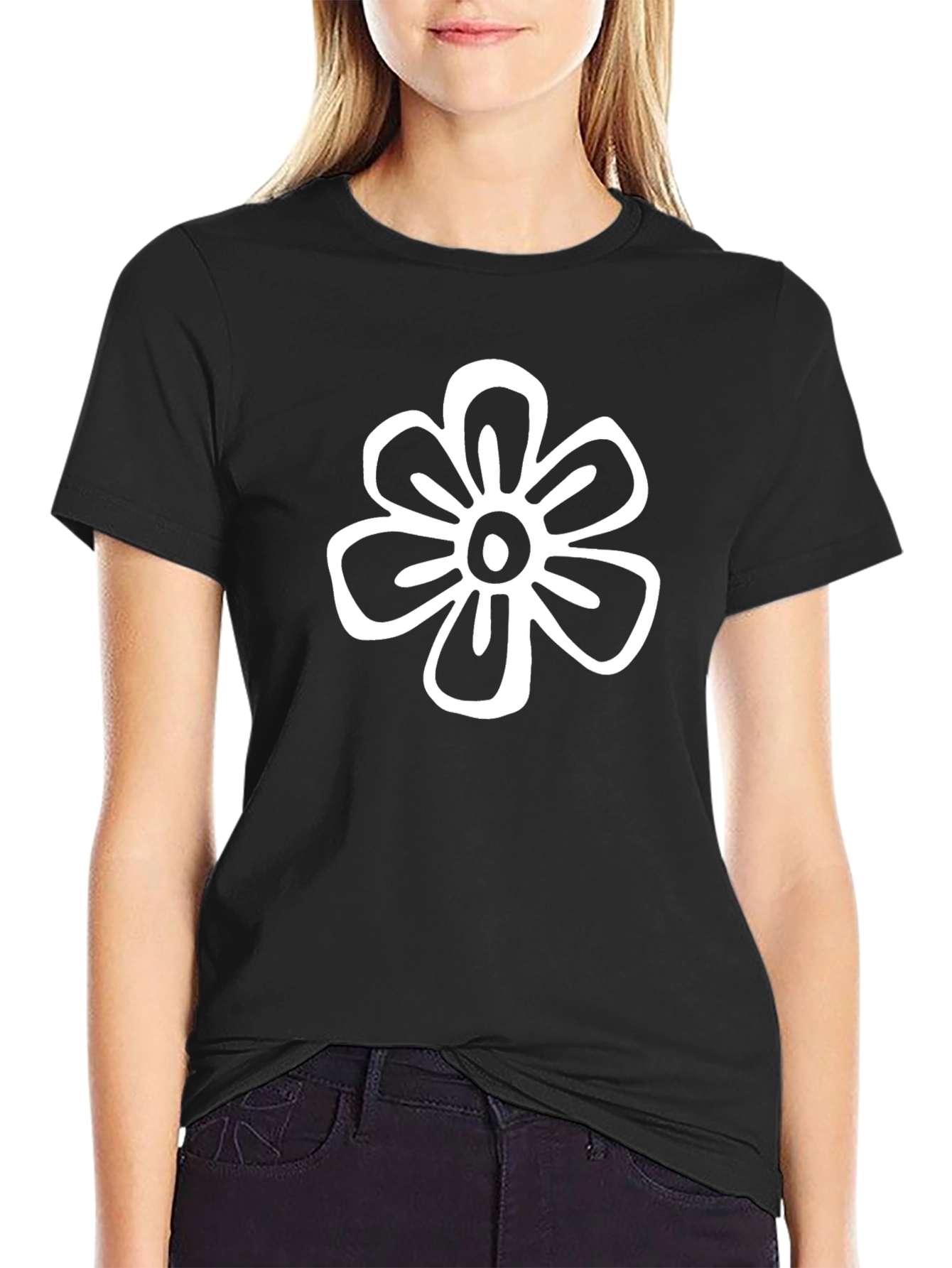 Black T-Shirt with White Flower Graphic