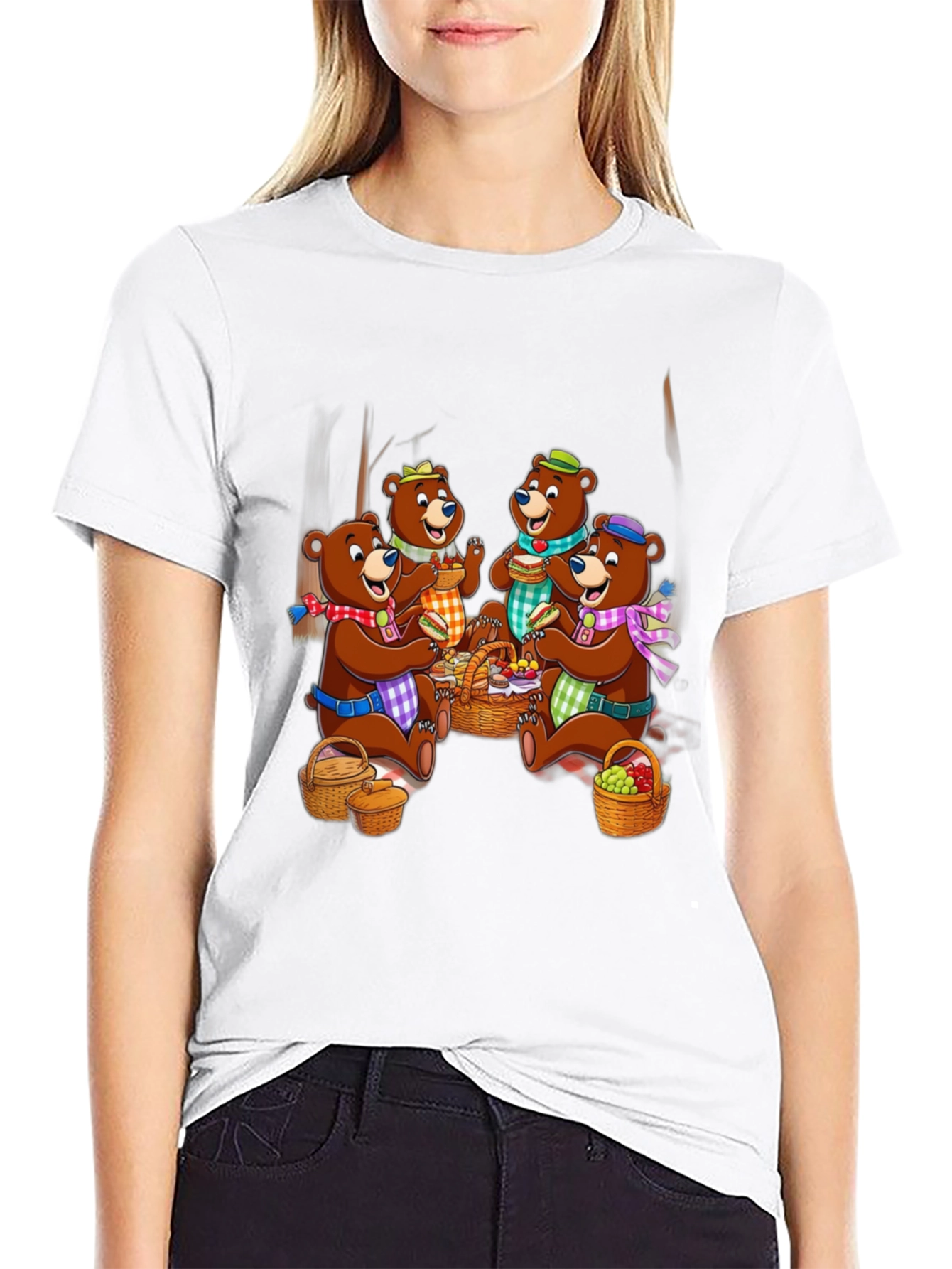 Bear Family Picnic Black T-Shirt