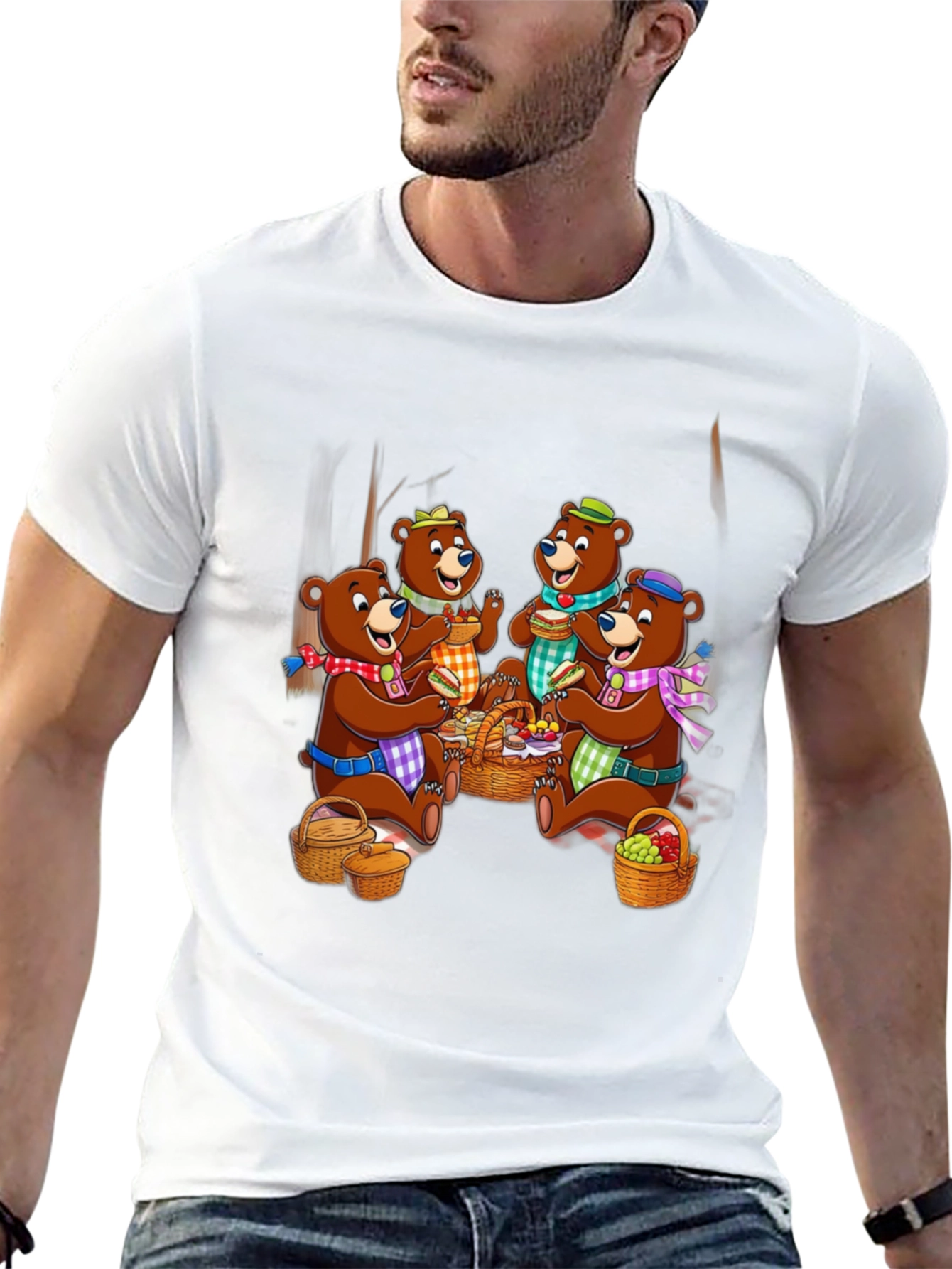 Bear Family Picnic Black T-Shirt