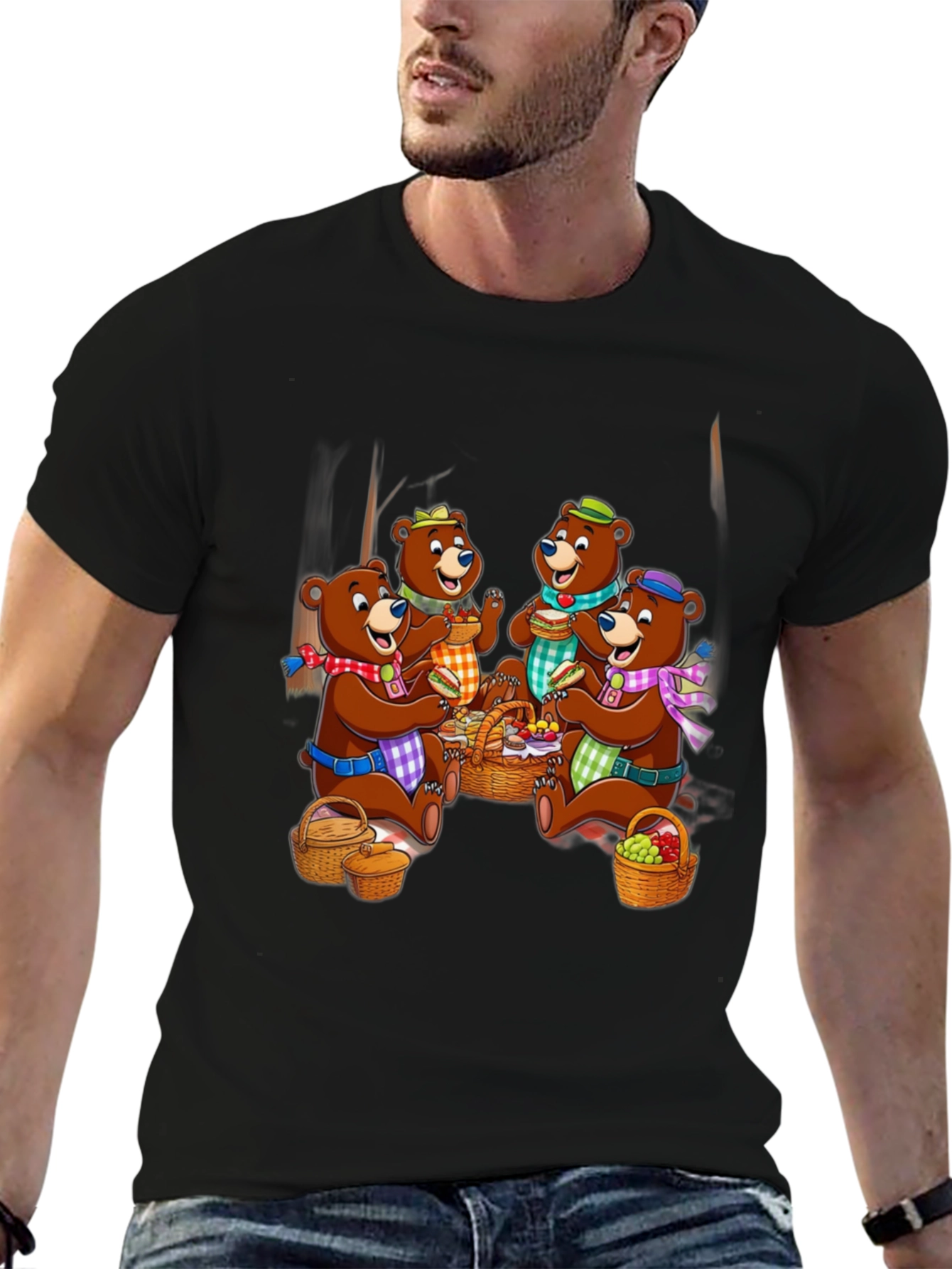 Bear Family Picnic Black T-Shirt