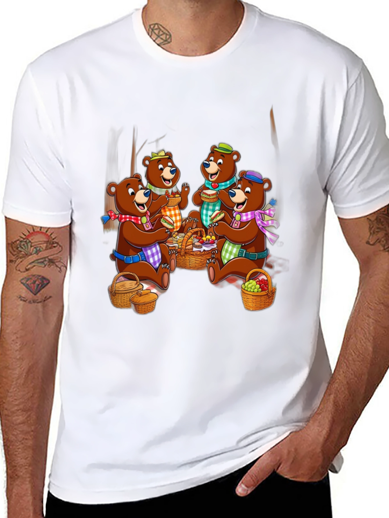 Bear Family Picnic Black T-Shirt