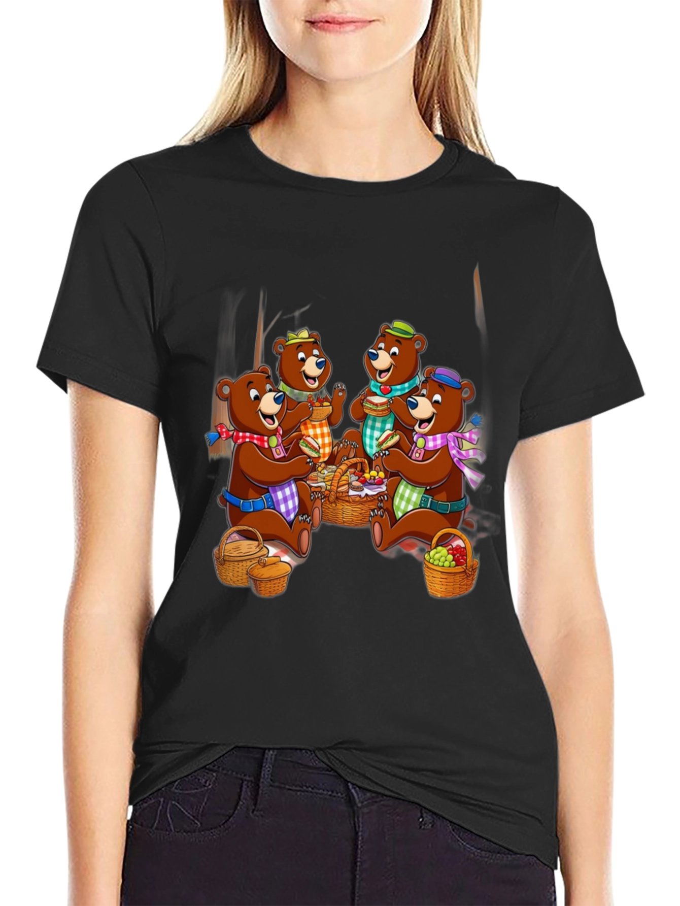 Bear Family Picnic Black T-Shirt