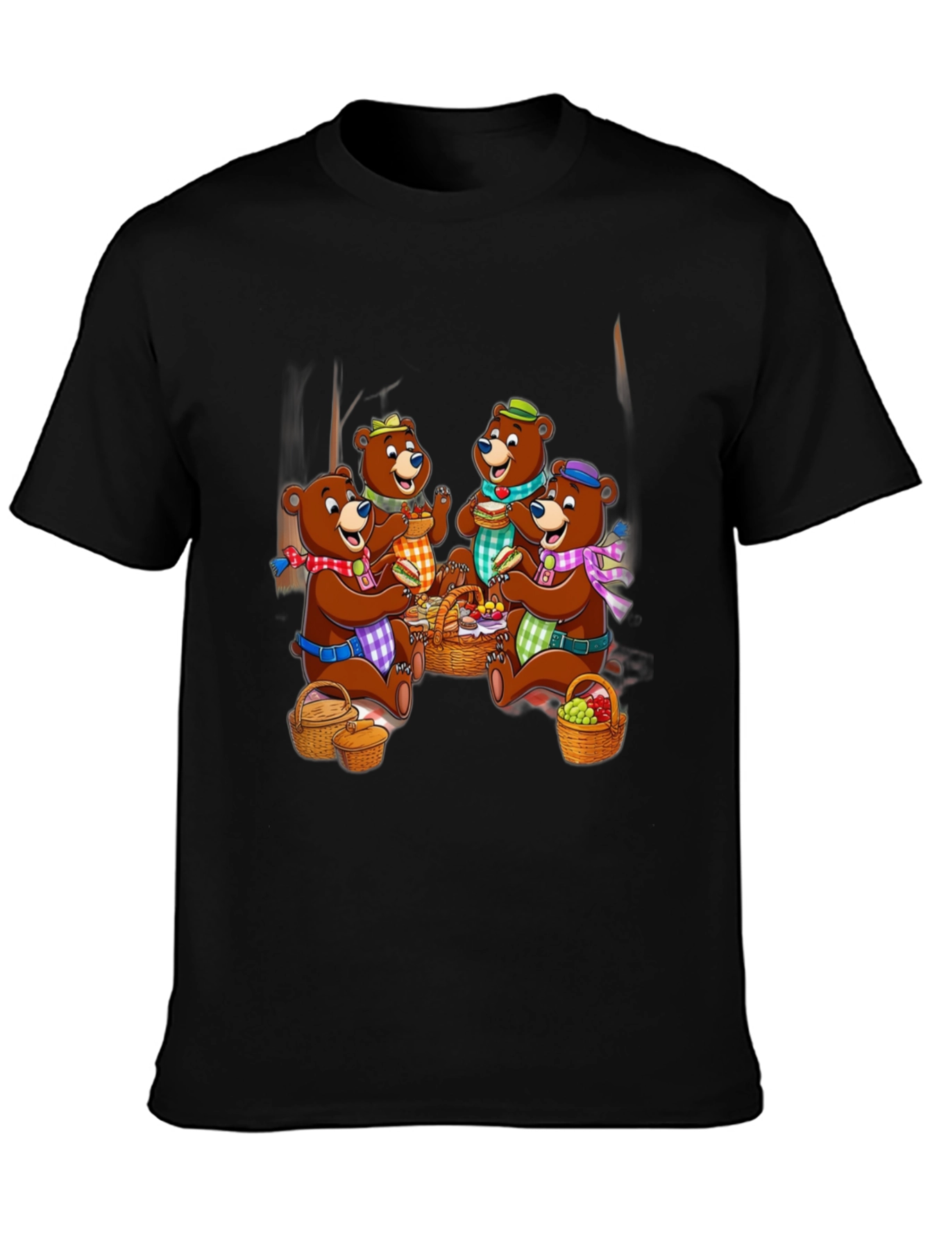 Bear Family Picnic Black T-Shirt