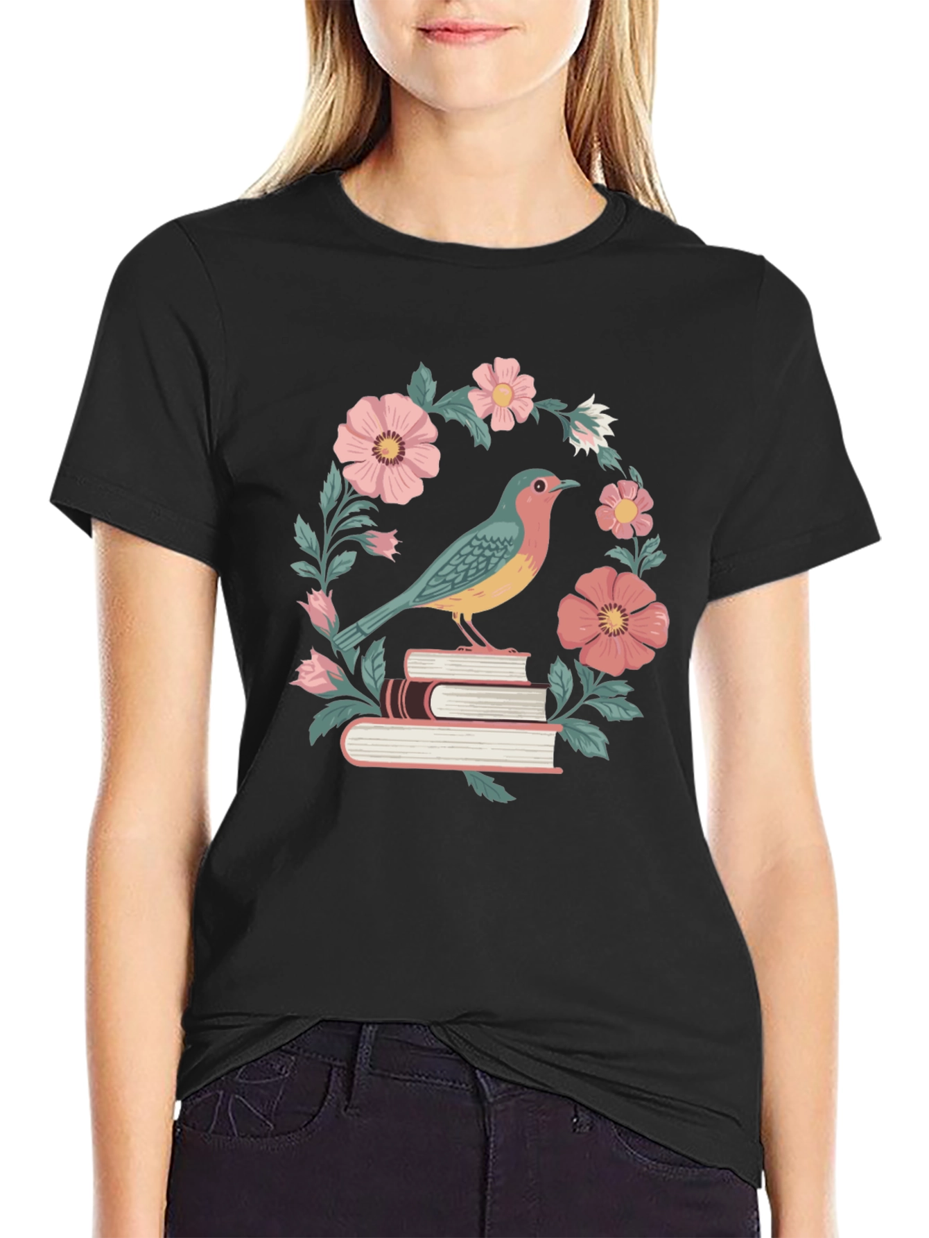 Bird on Books Floral T-Shirt