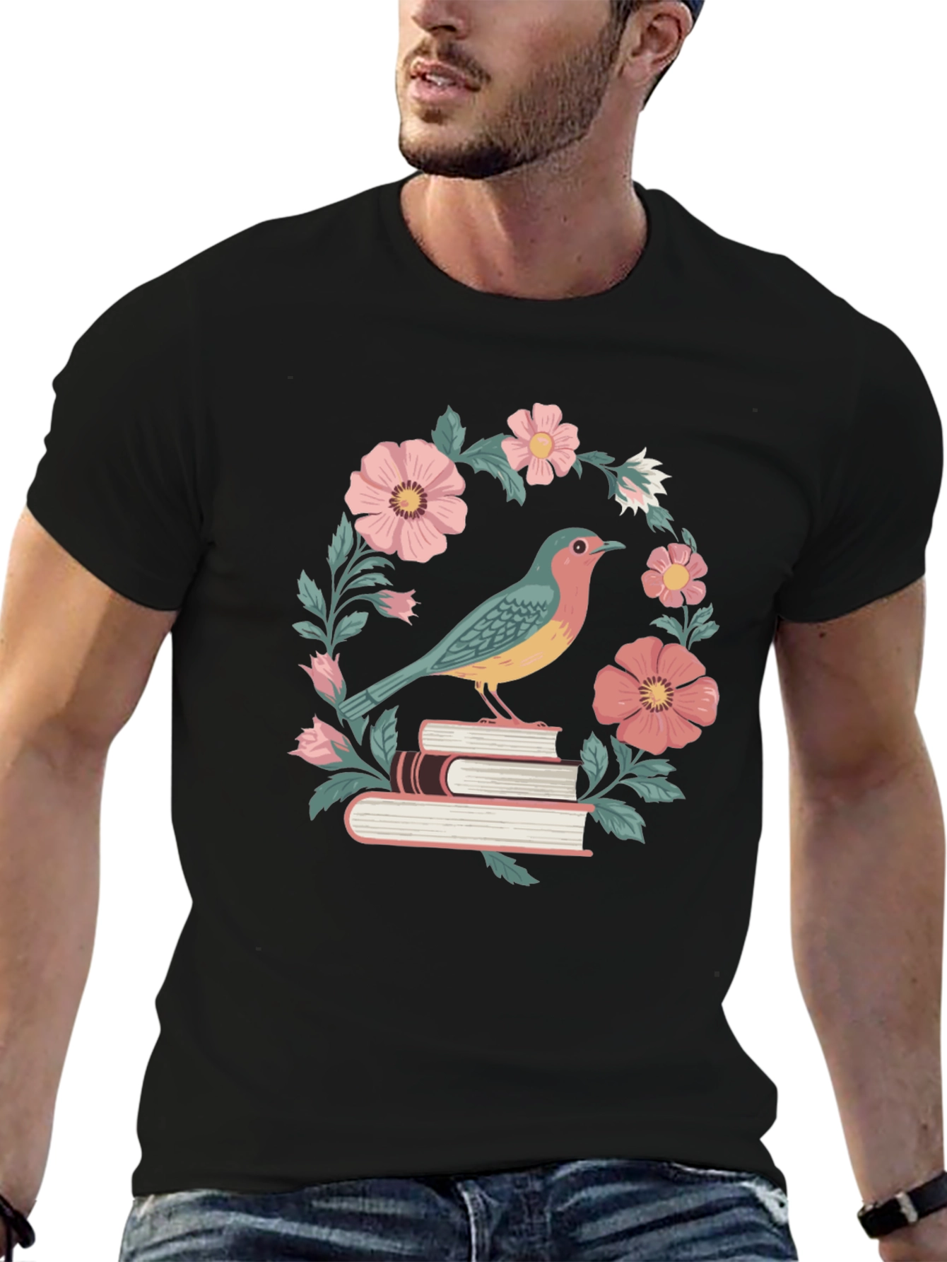 Bird on Books Floral T-Shirt
