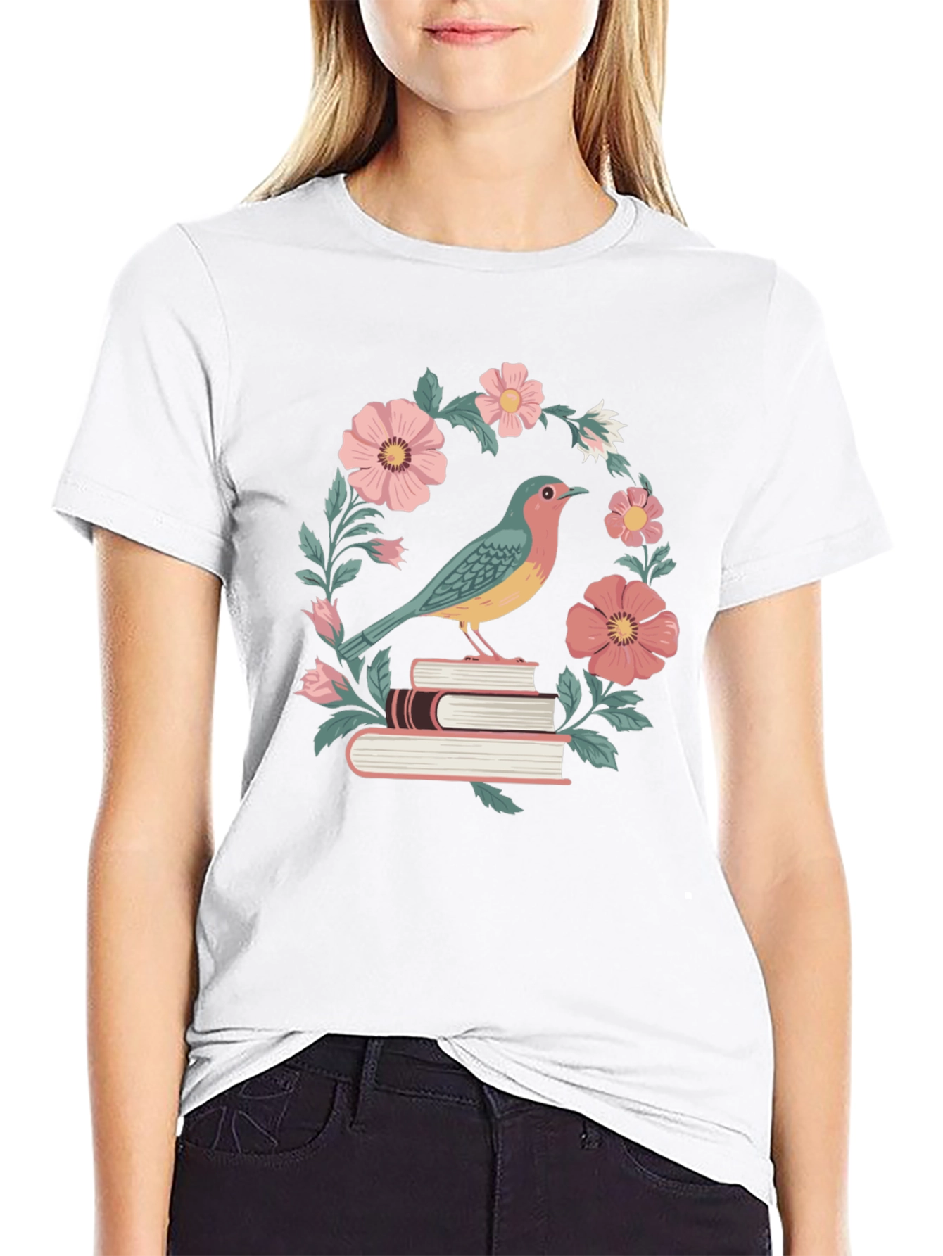 Bird on Books Floral T-Shirt
