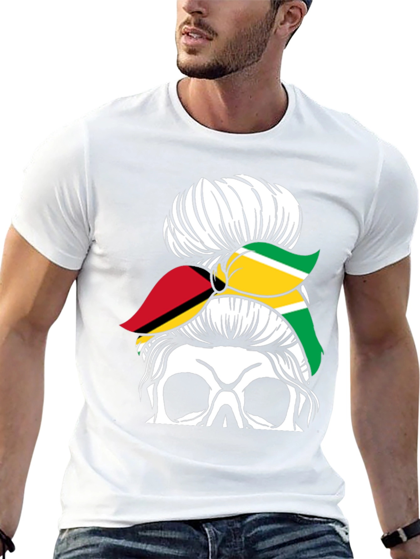 Skull Messy Bun Guyana Flag T-Shirt