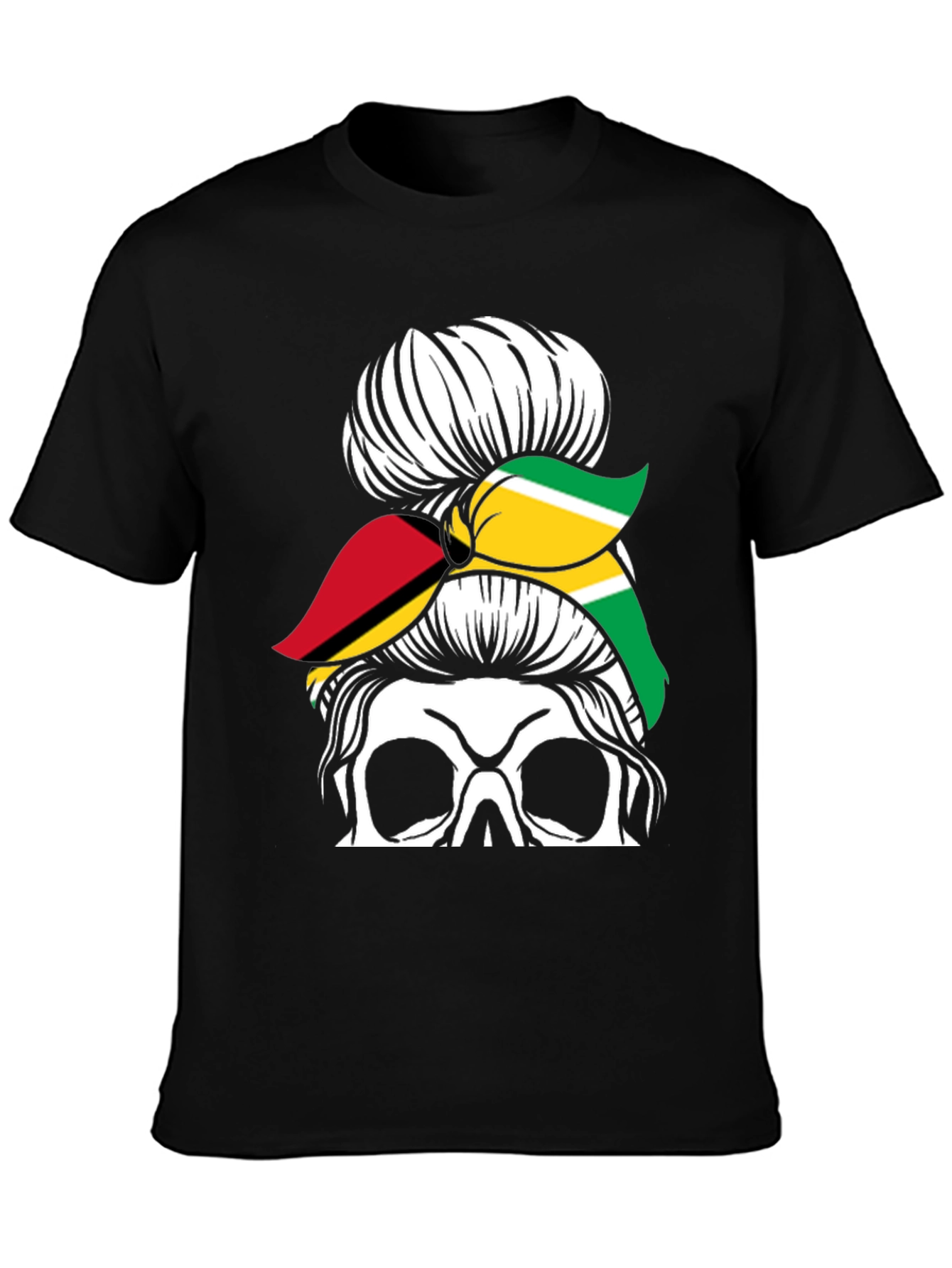 Skull Messy Bun Guyana Flag T-Shirt