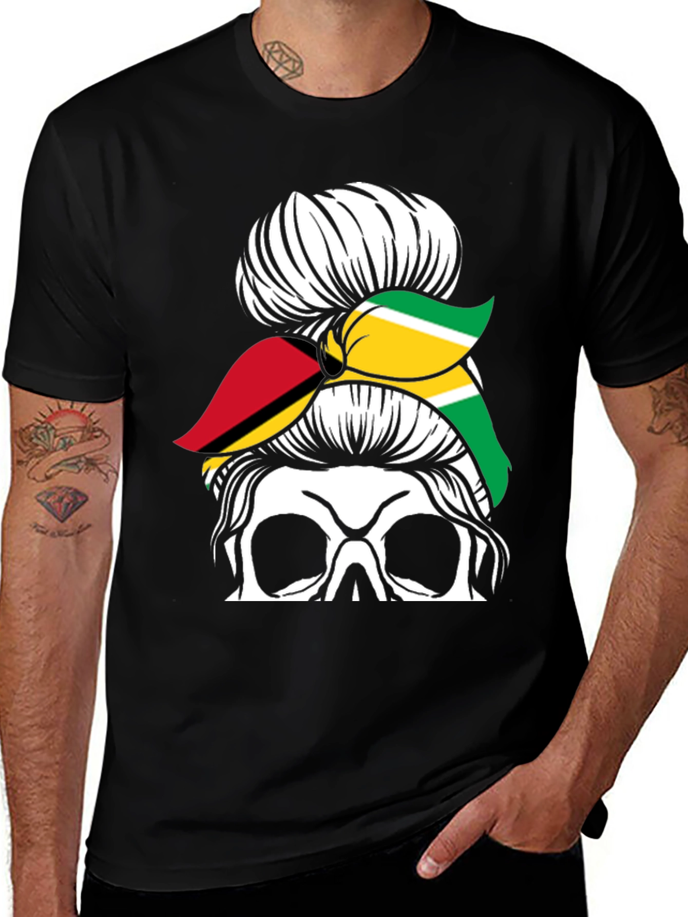 Skull Messy Bun Guyana Flag T-Shirt