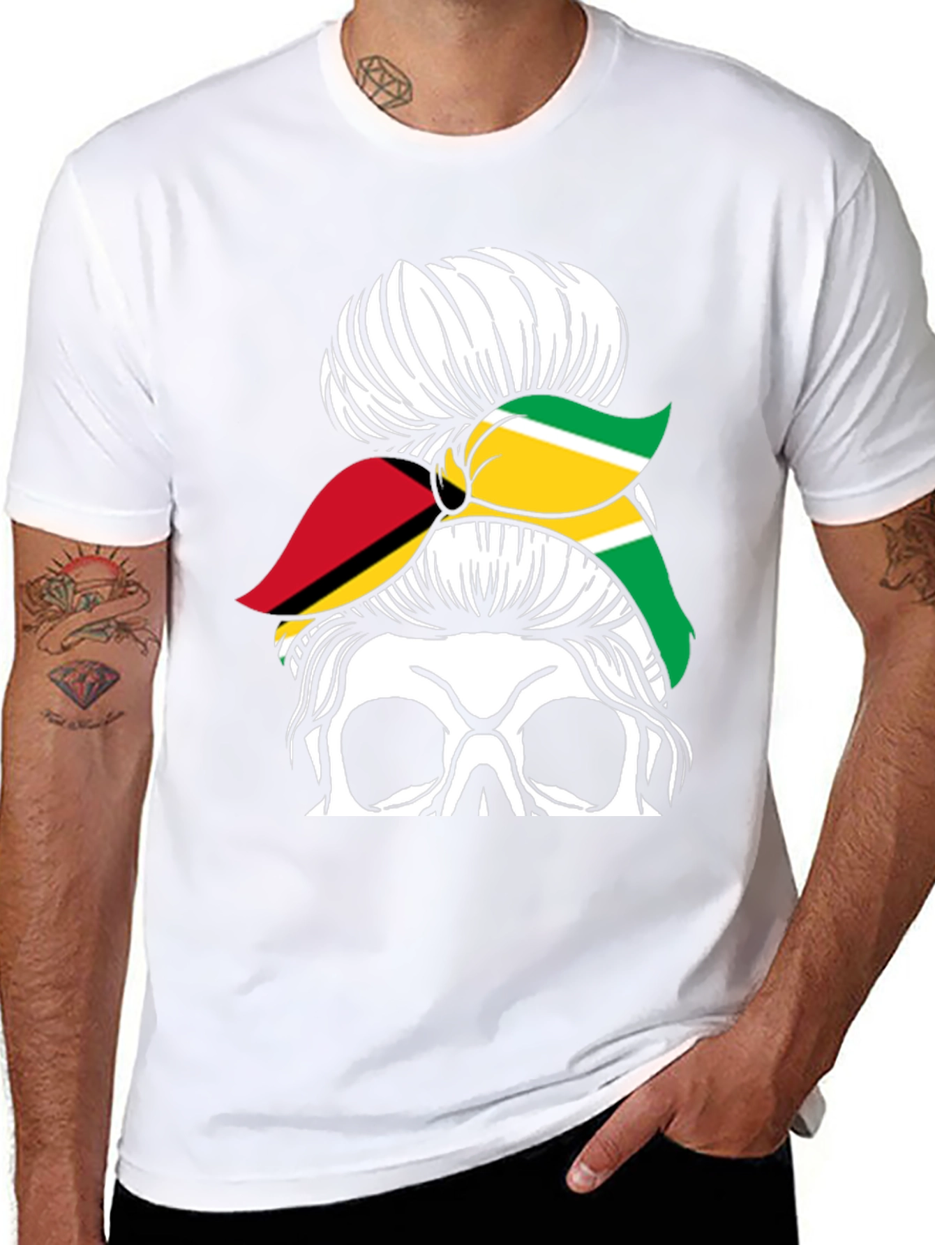 Skull Messy Bun Guyana Flag T-Shirt