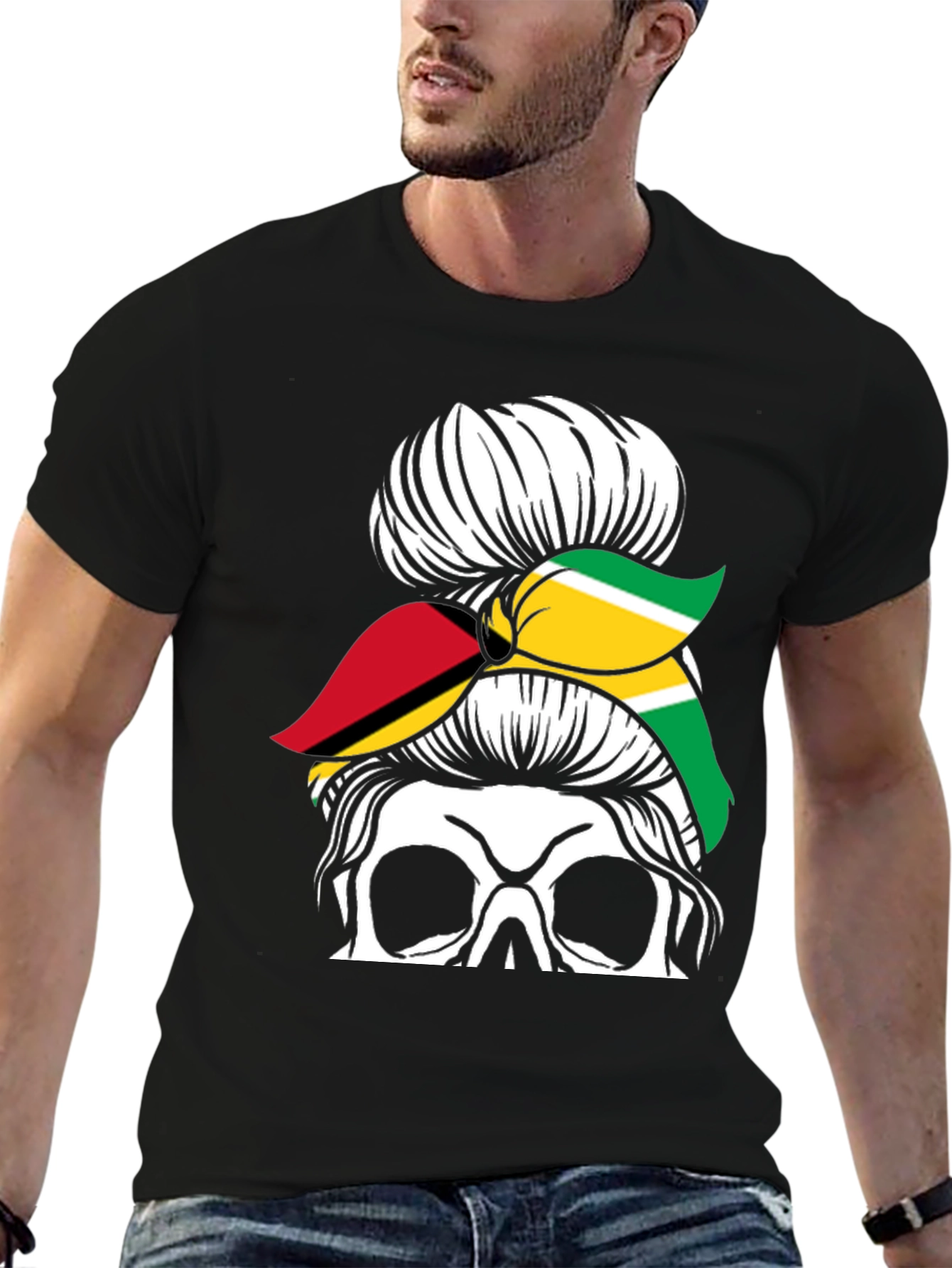 Skull Messy Bun Guyana Flag T-Shirt
