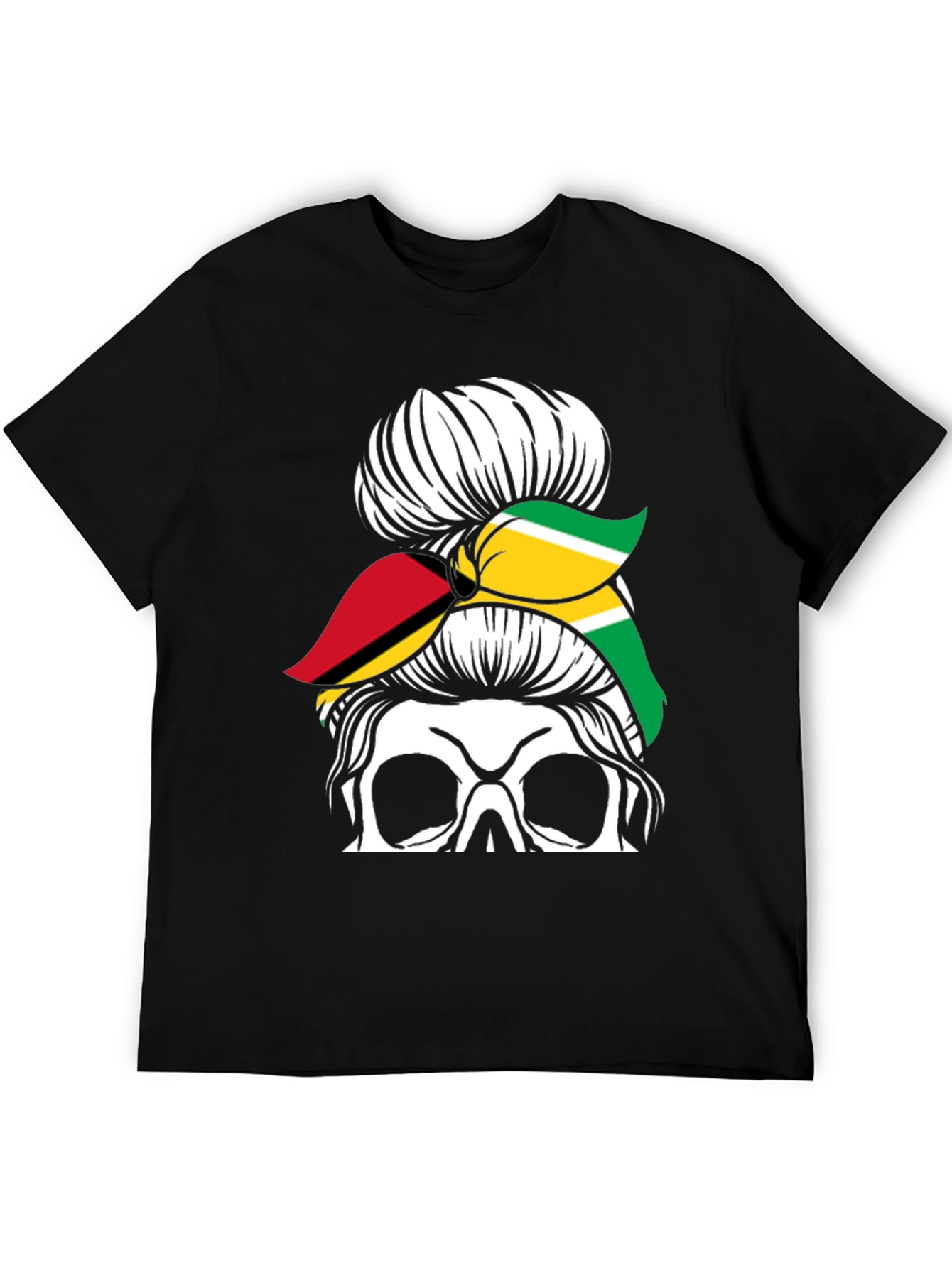 Skull Messy Bun Guyana Flag T-Shirt
