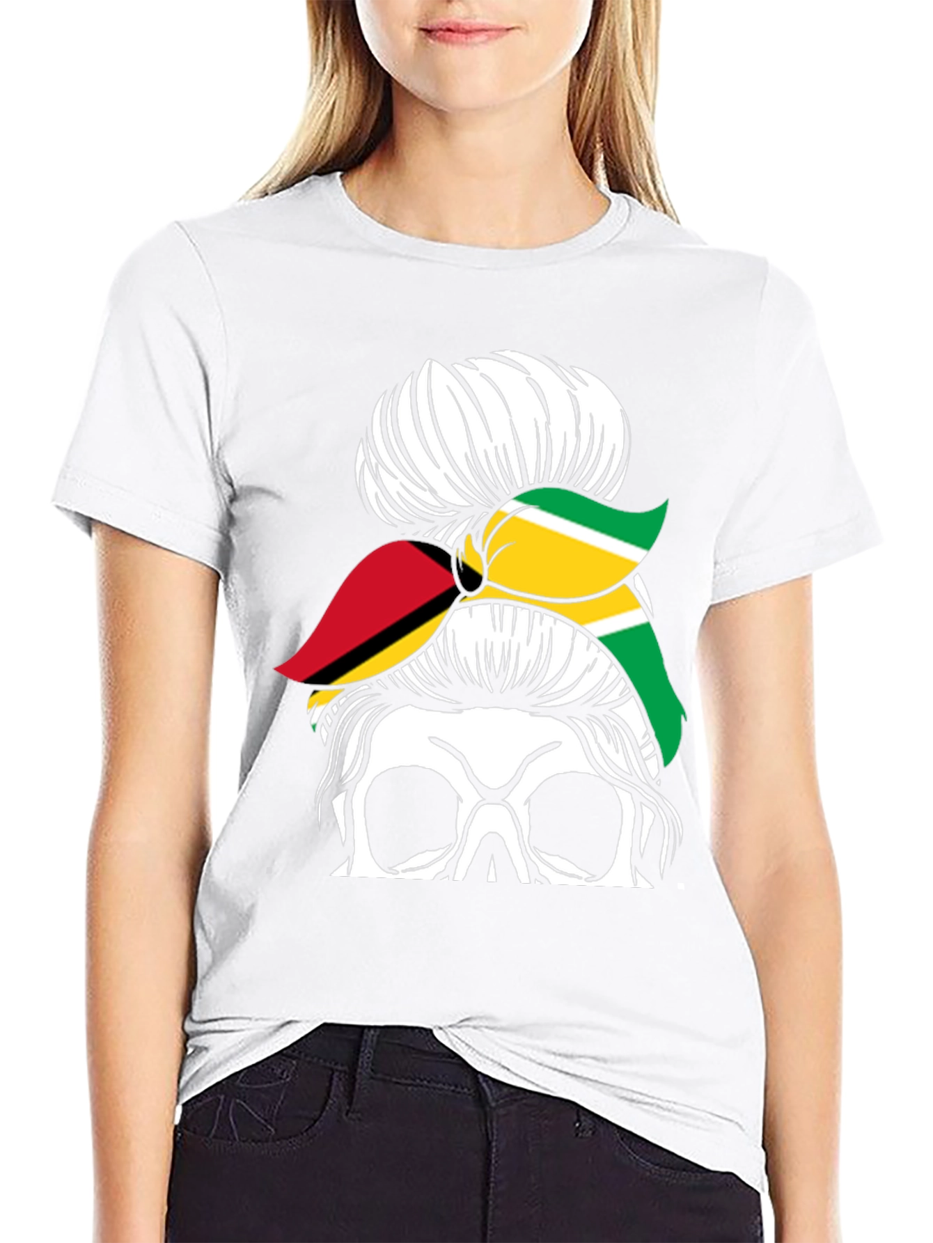 Skull Messy Bun Guyana Flag T-Shirt