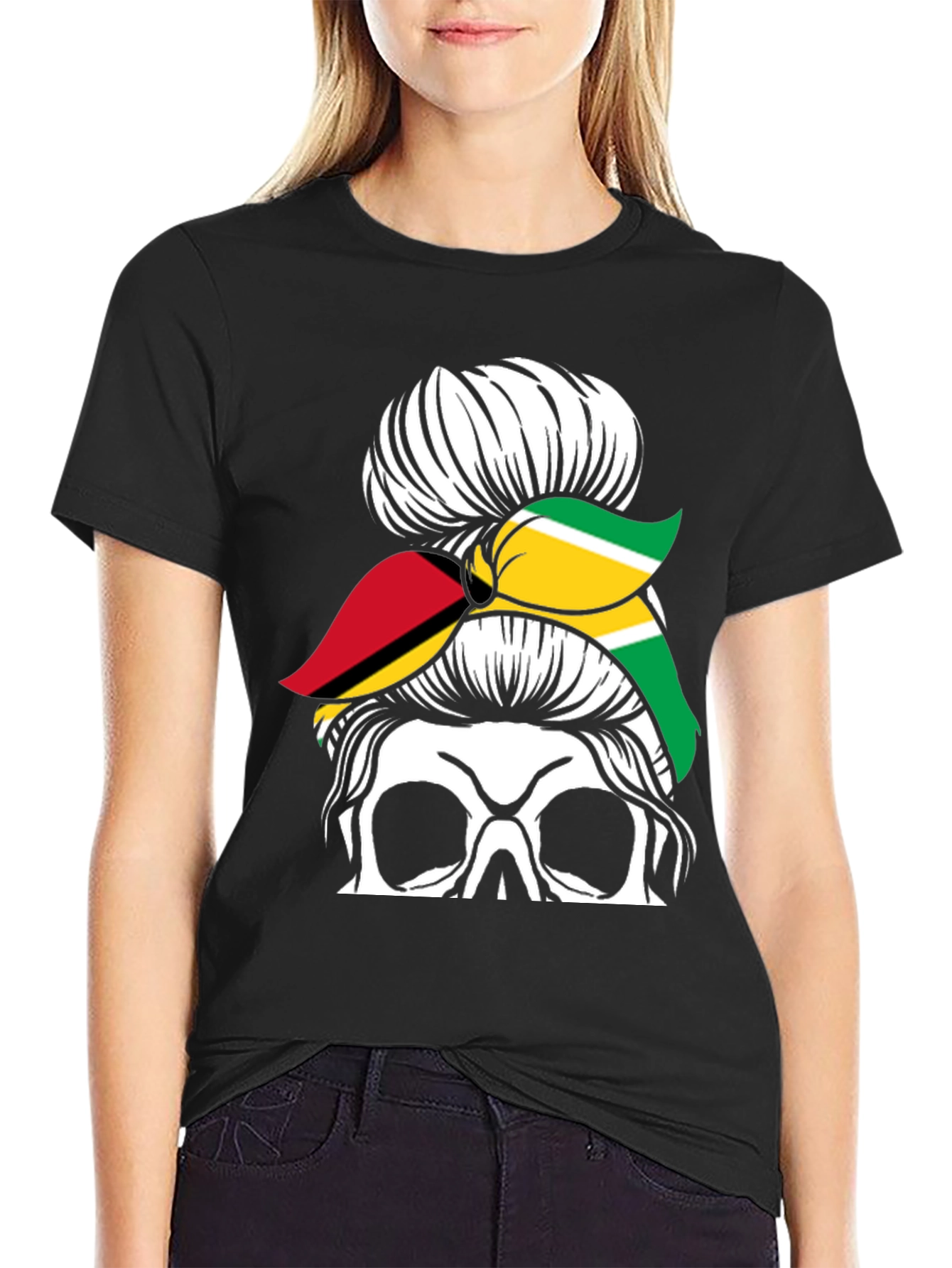 Skull Messy Bun Guyana Flag T-Shirt