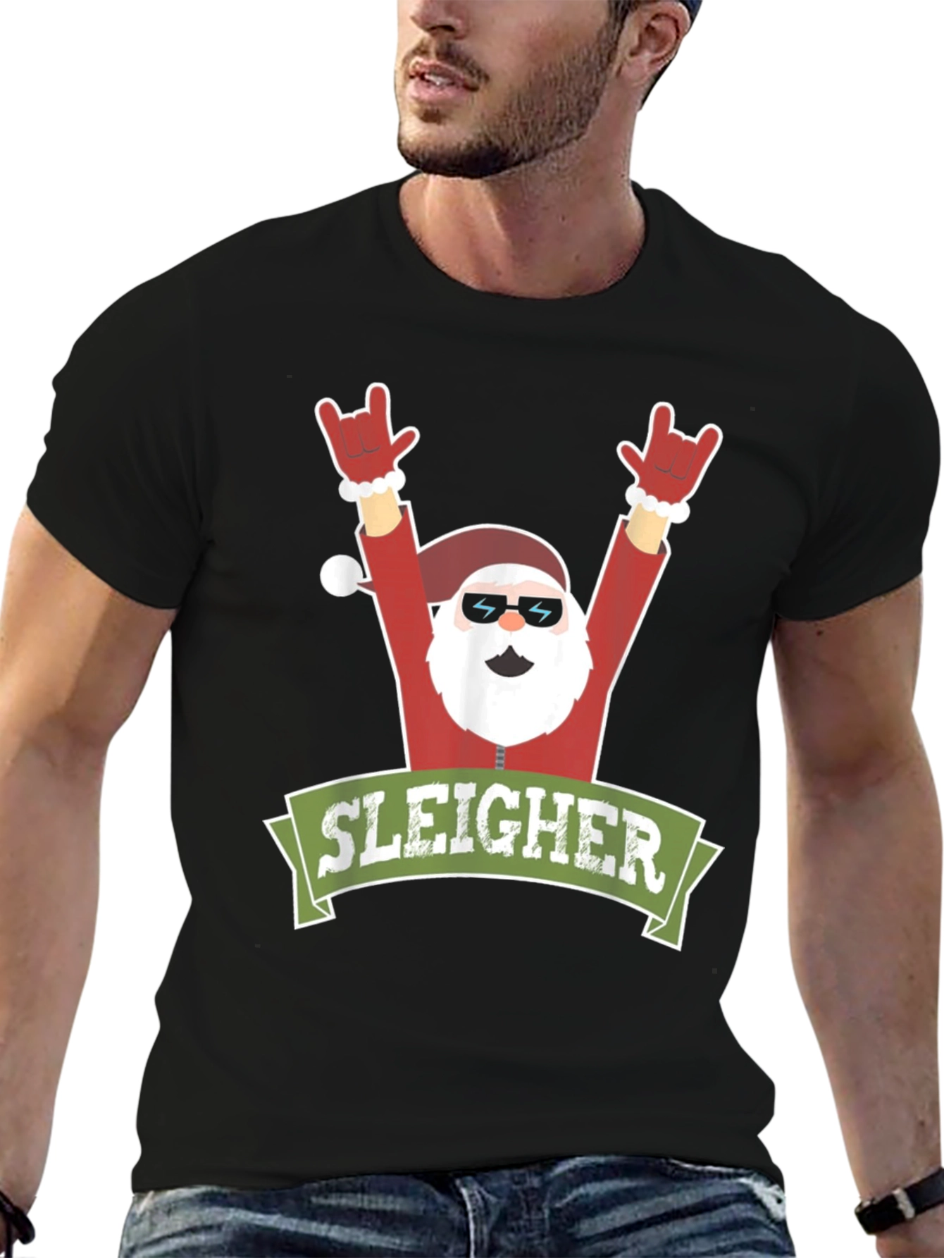 Sleigher Rock Santa Christmas Graphic Tee