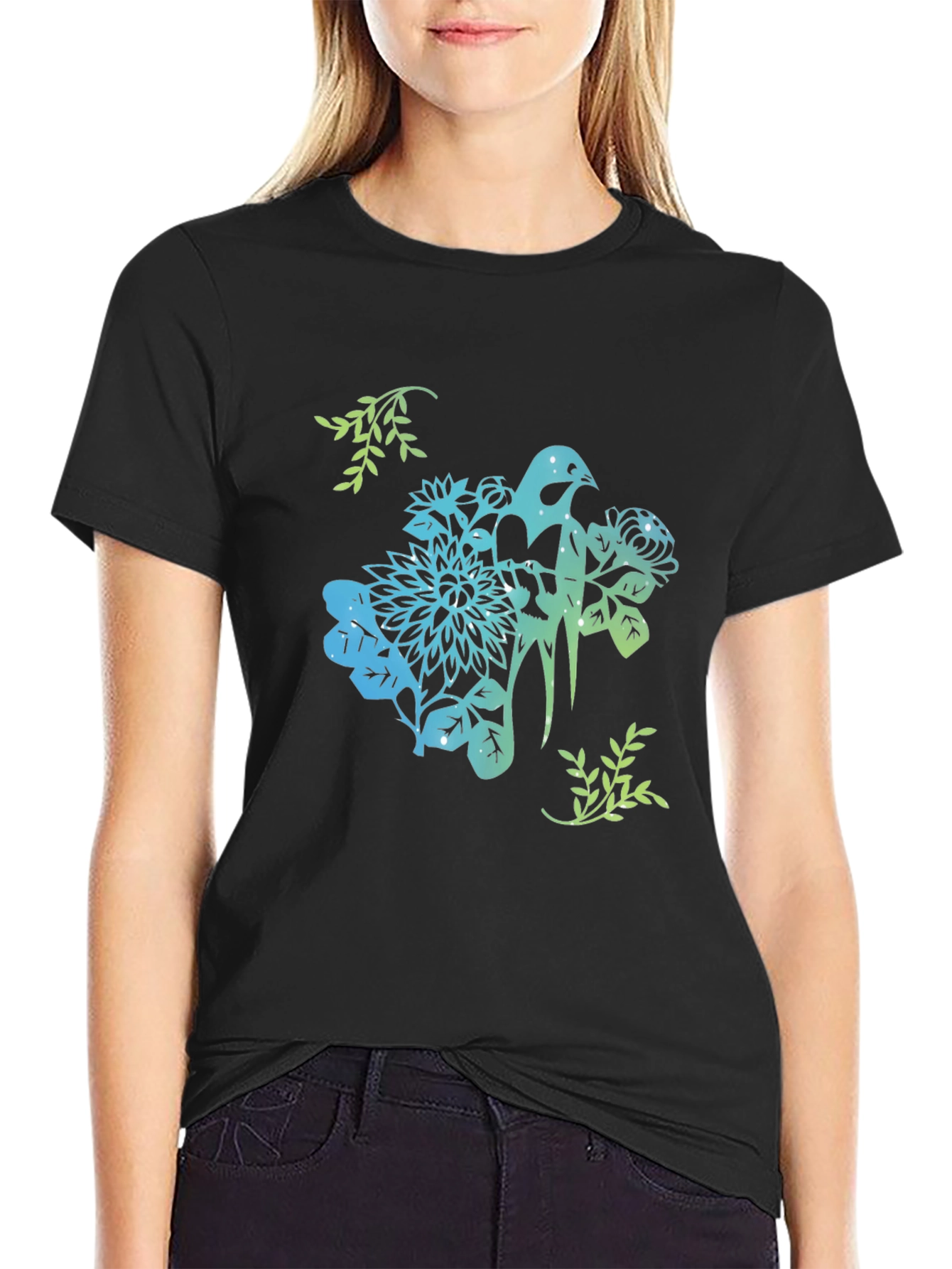 Bird & Floral Graphic Black T-Shirt