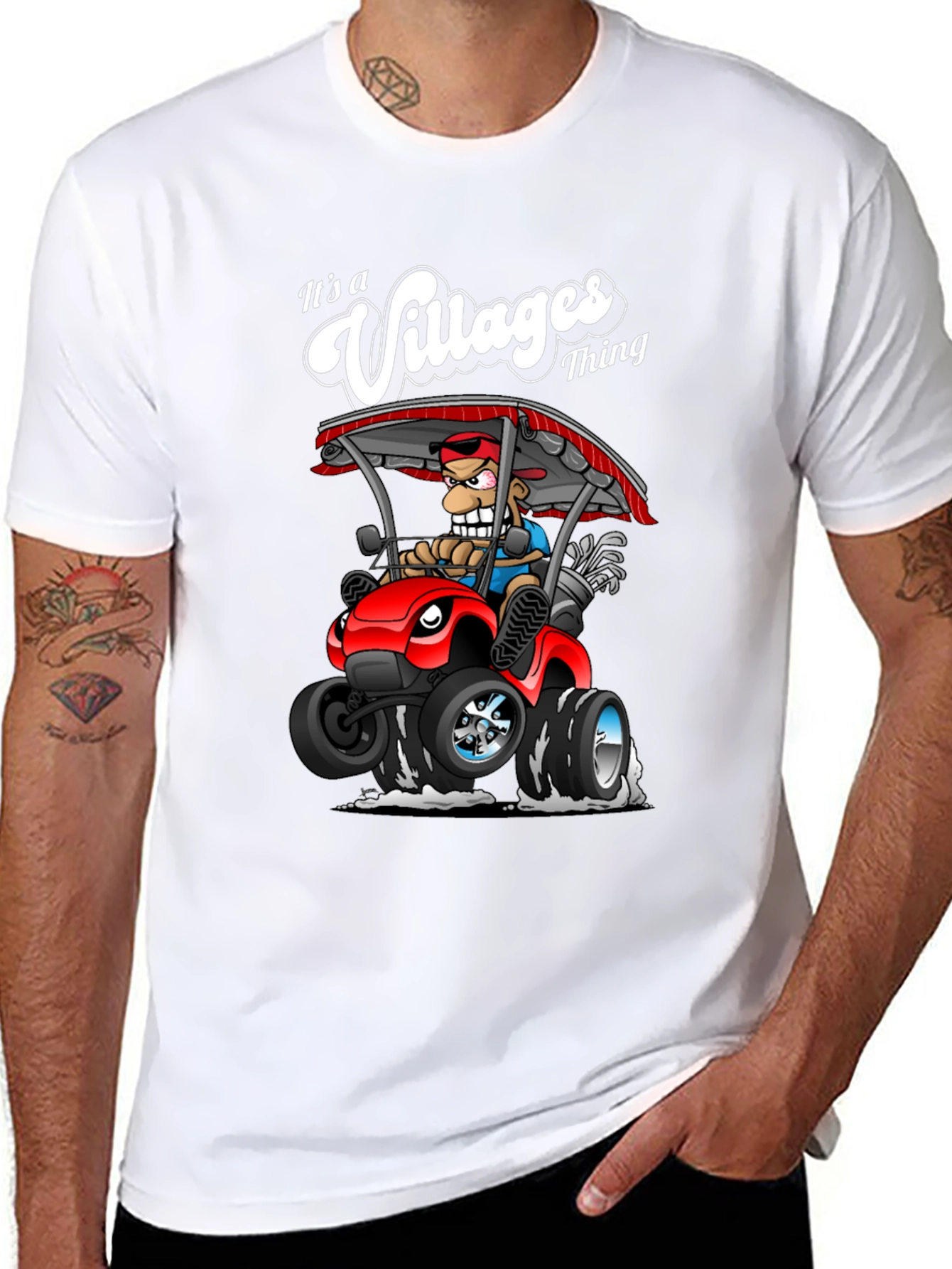 Villages Thing Cartoon Graphic Tee - Golf Cart Design