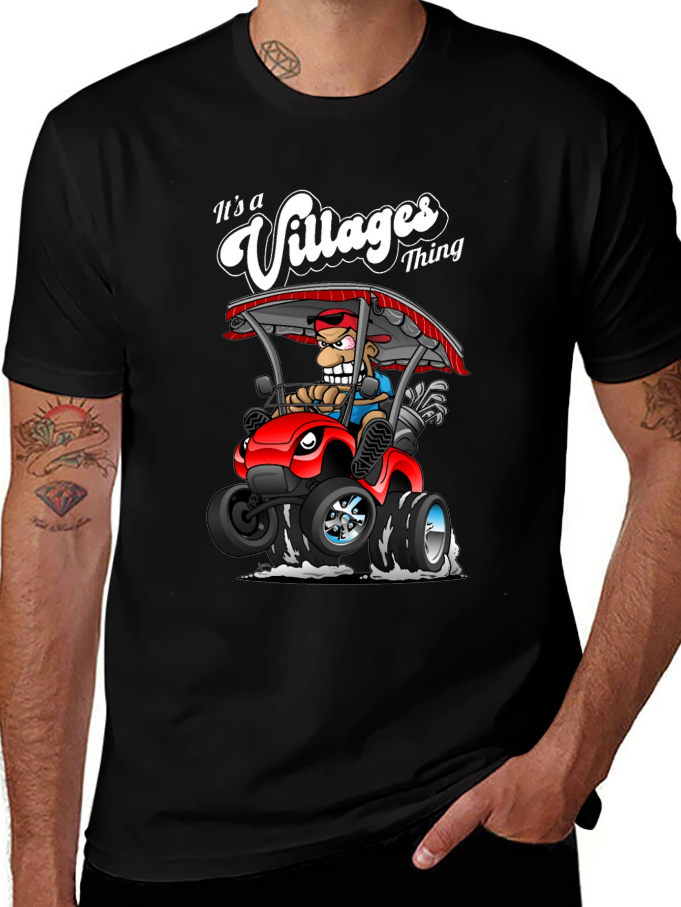 Villages Thing Cartoon Graphic Tee - Golf Cart Design