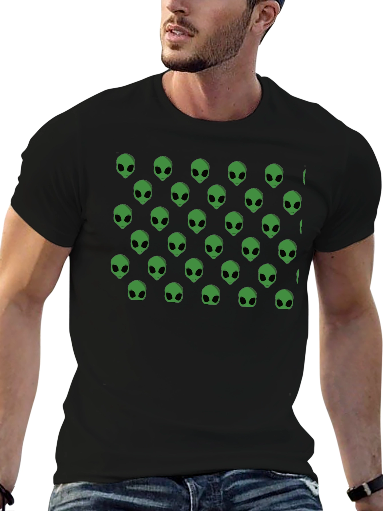 Alien Head Pattern Black T-Shirt
