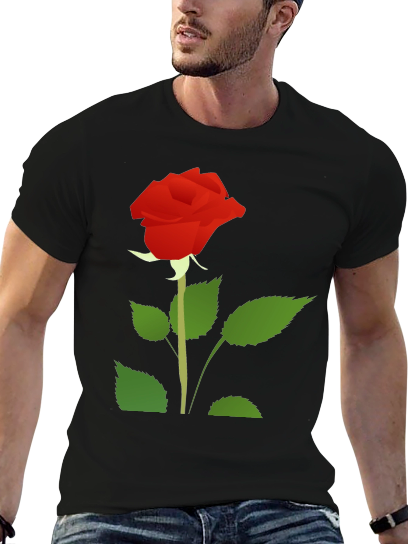 Black T-Shirt with Red Rose Graphic Print