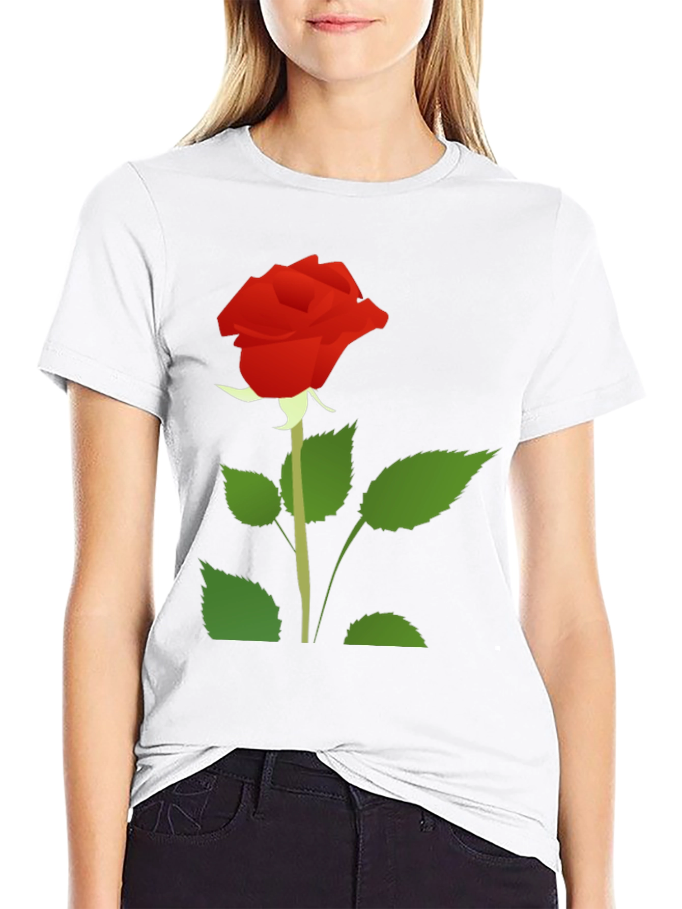Black T-Shirt with Red Rose Graphic Print