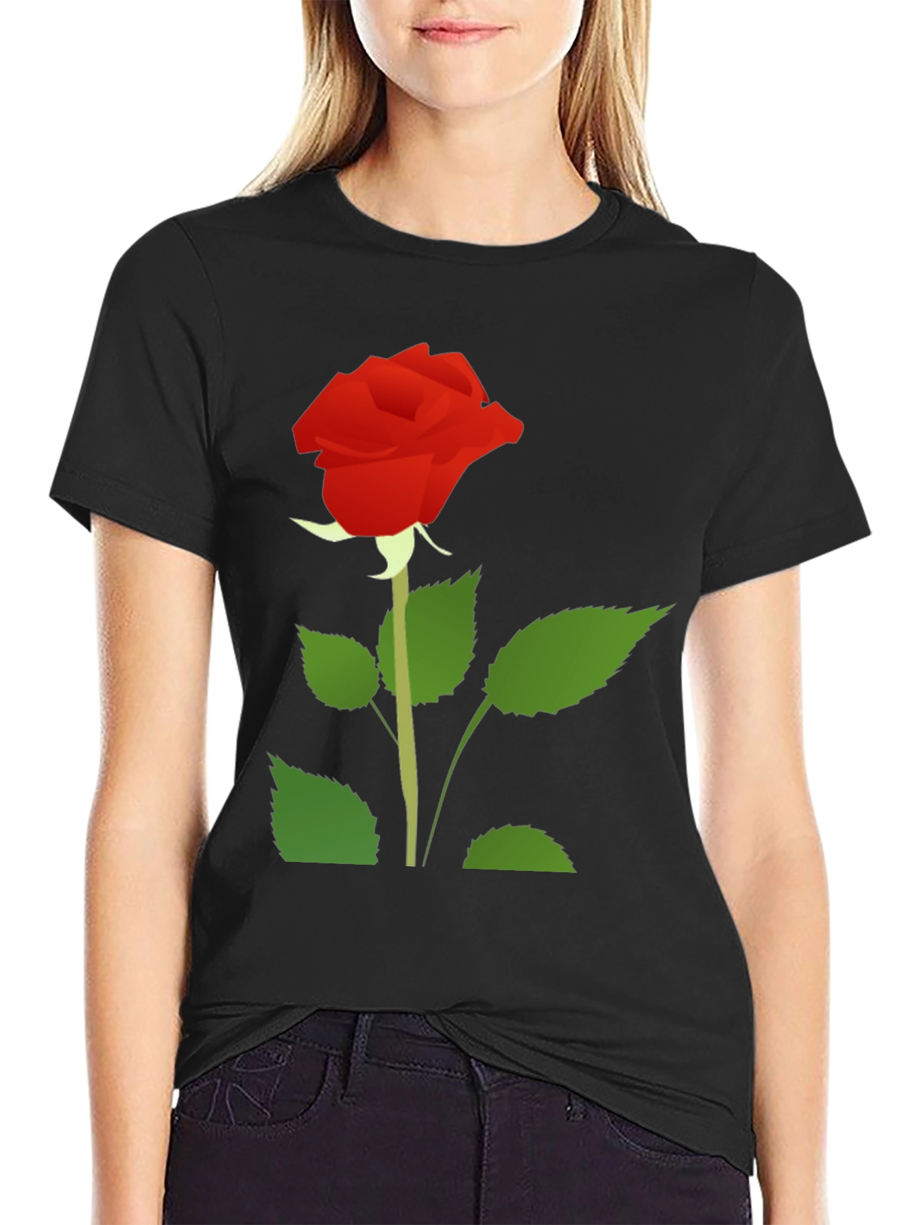 Black T-Shirt with Red Rose Graphic Print