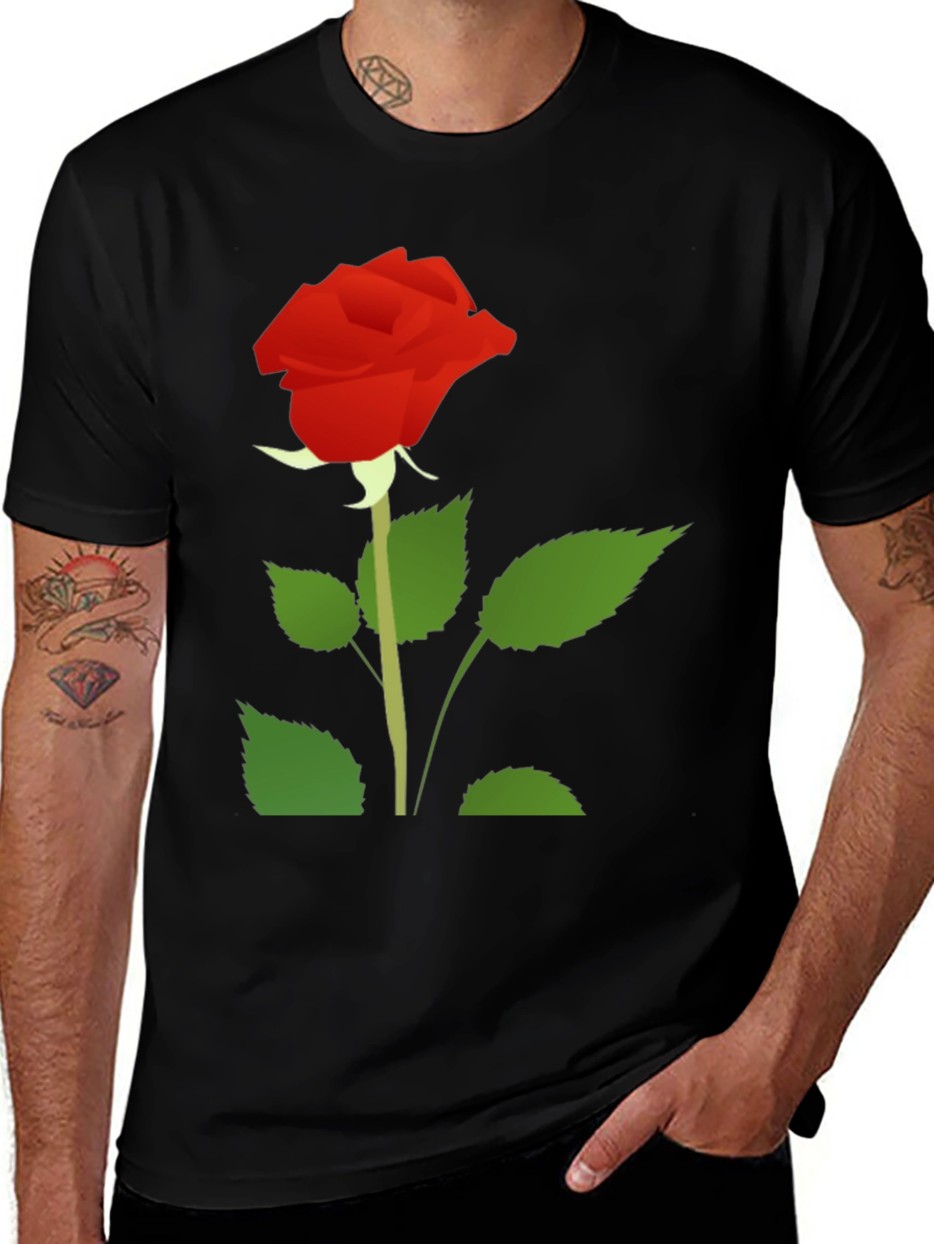 Black T-Shirt with Red Rose Graphic Print