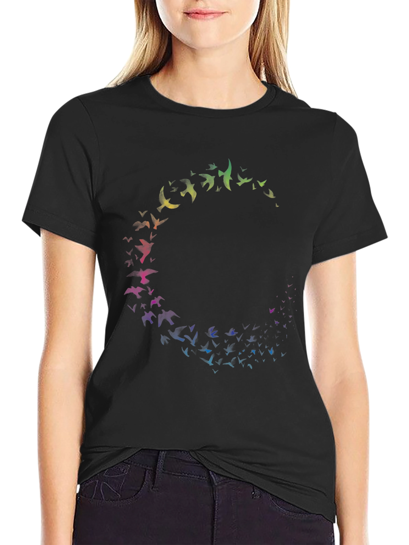 Rainbow Bird Circle Black T-Shirt