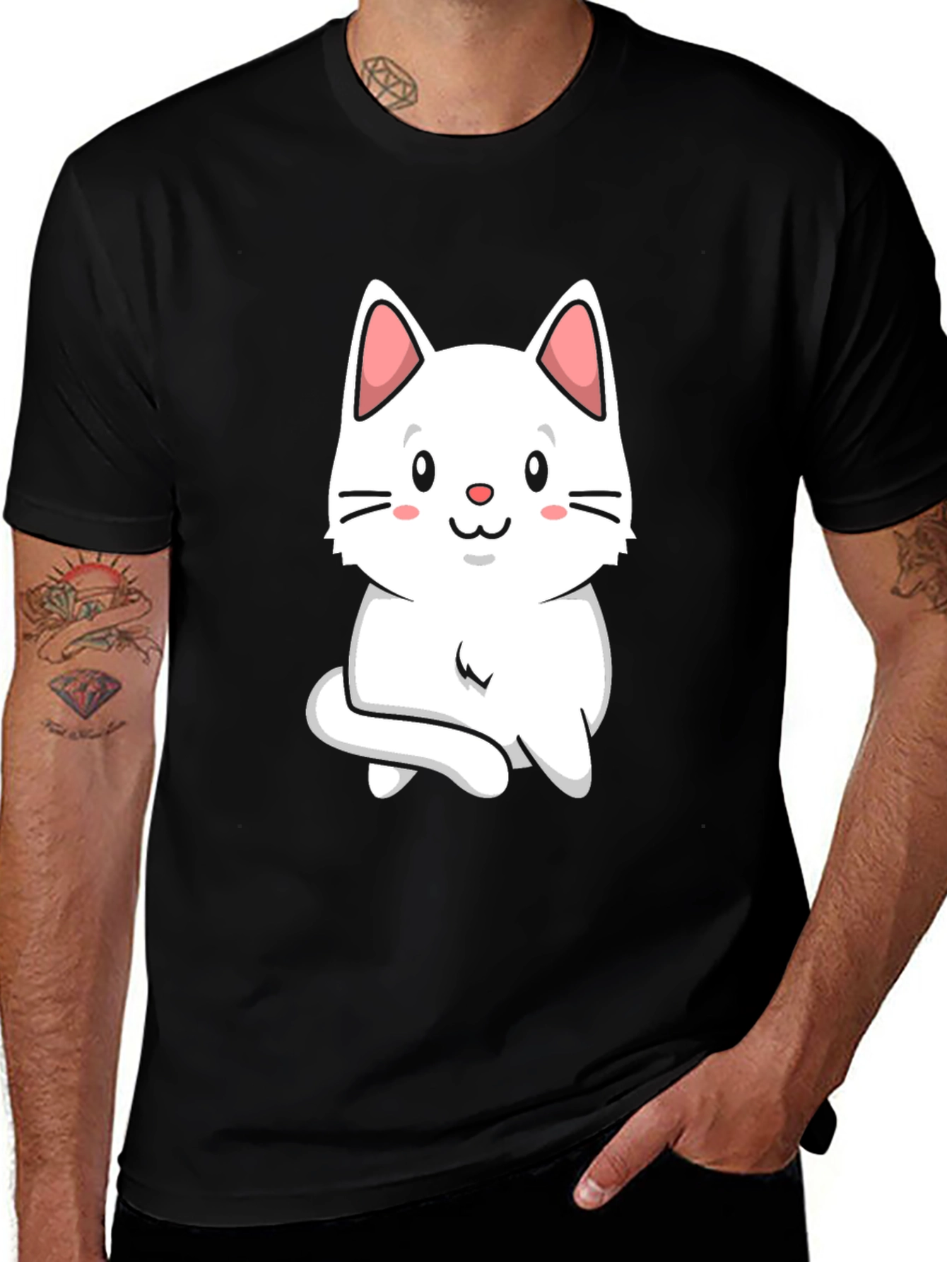 Cute Cat Graphic Tee - Black Cotton T-Shirt